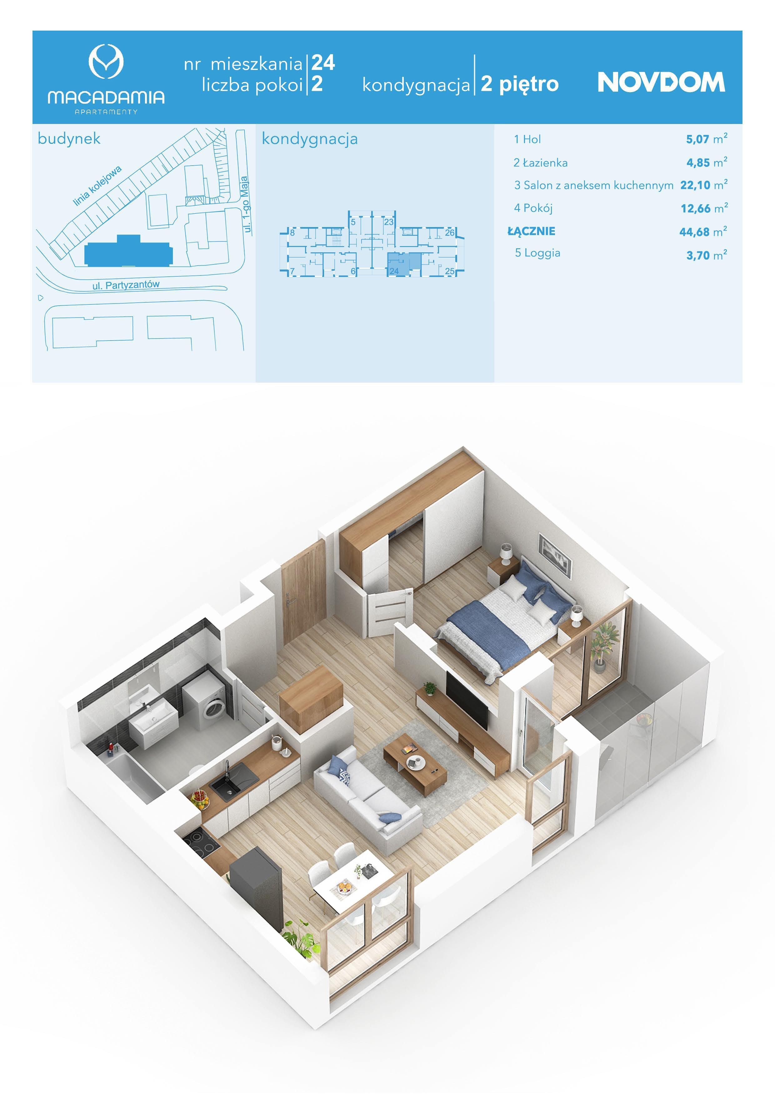 Apartament 44,68 m², piętro 2, oferta nr 1/24, Apartamenty Macadamia, Olsztyn, Śródmieście, ul. 1 Maja-idx