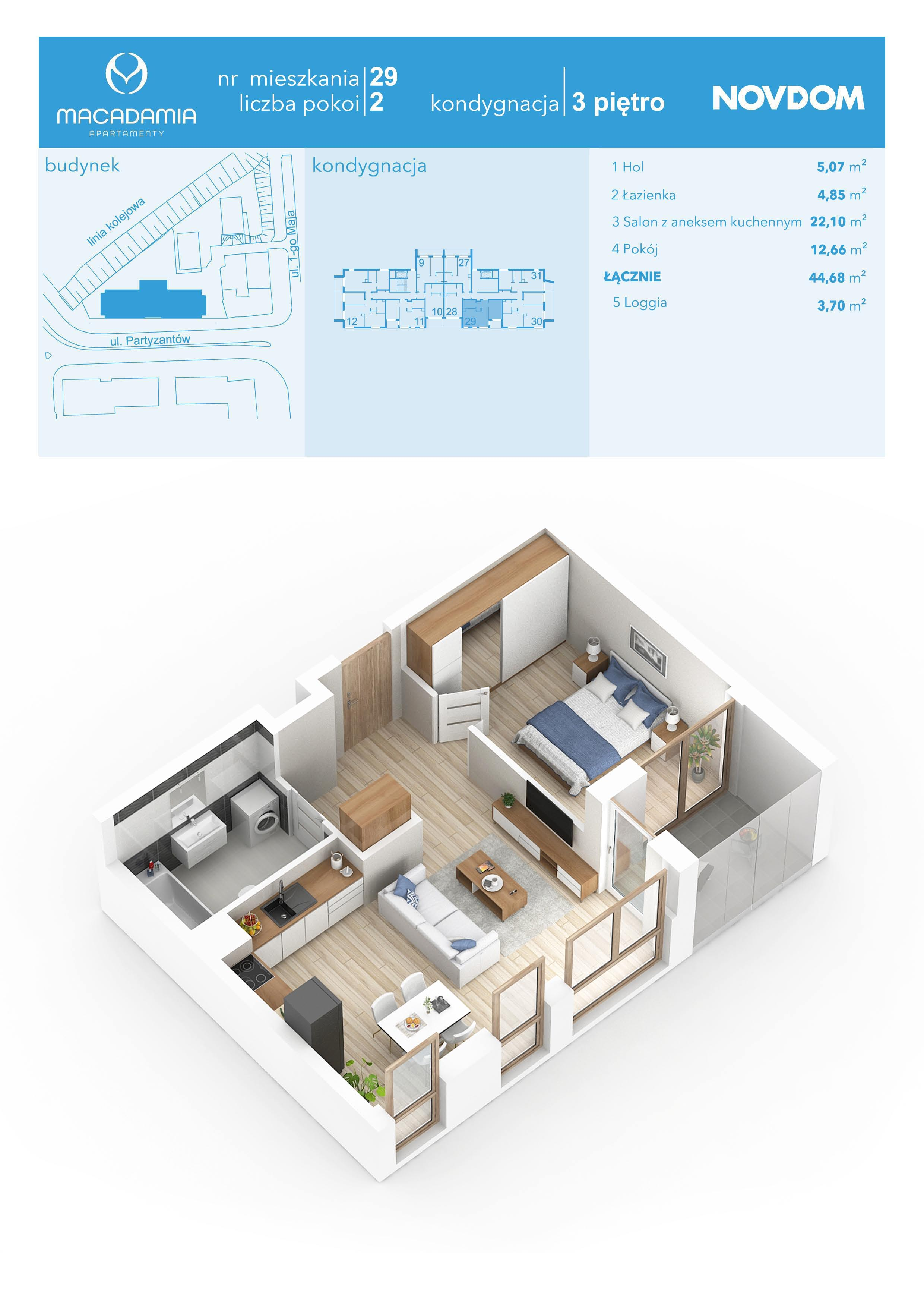 Apartament 44,68 m², piętro 3, oferta nr 1/29, Apartamenty Macadamia, Olsztyn, Śródmieście, ul. 1 Maja-idx