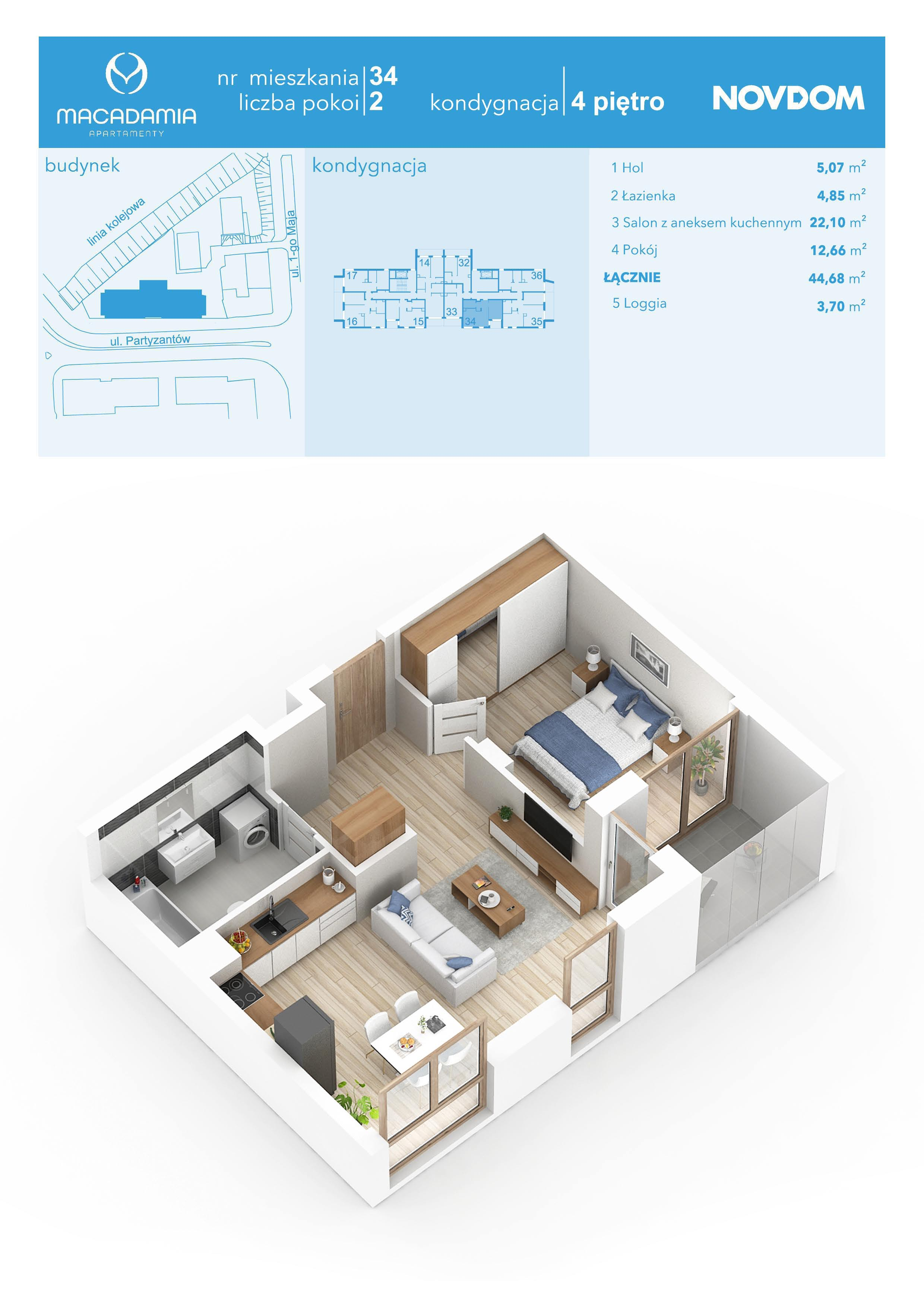 Apartament 44,68 m², piętro 4, oferta nr 1/34, Apartamenty Macadamia, Olsztyn, Śródmieście, ul. 1 Maja-idx