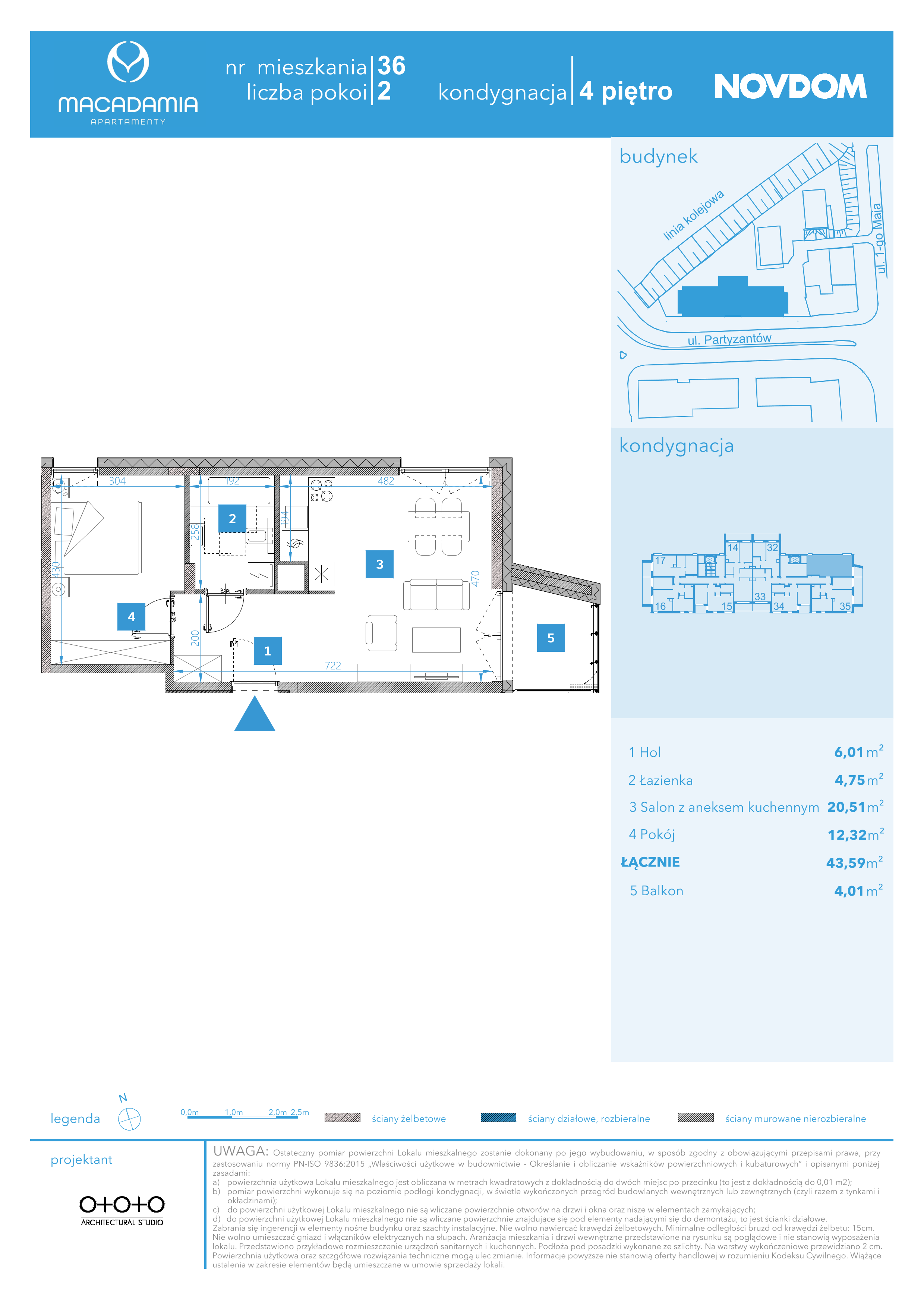 Apartament 43,65 m², piętro 4, oferta nr 1/36, Apartamenty Macadamia, Olsztyn, Śródmieście, ul. 1 Maja-idx