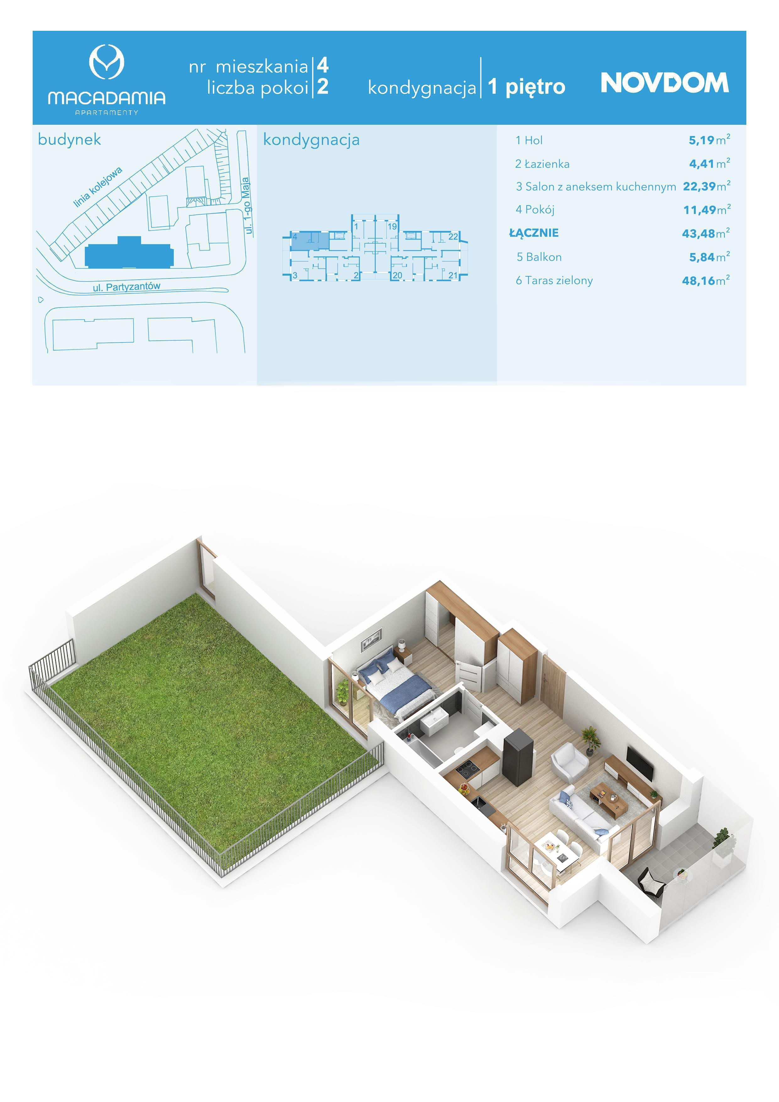 Apartament 43,48 m², piętro 1, oferta nr 1/4, Apartamenty Macadamia, Olsztyn, Śródmieście, ul. 1 Maja-idx