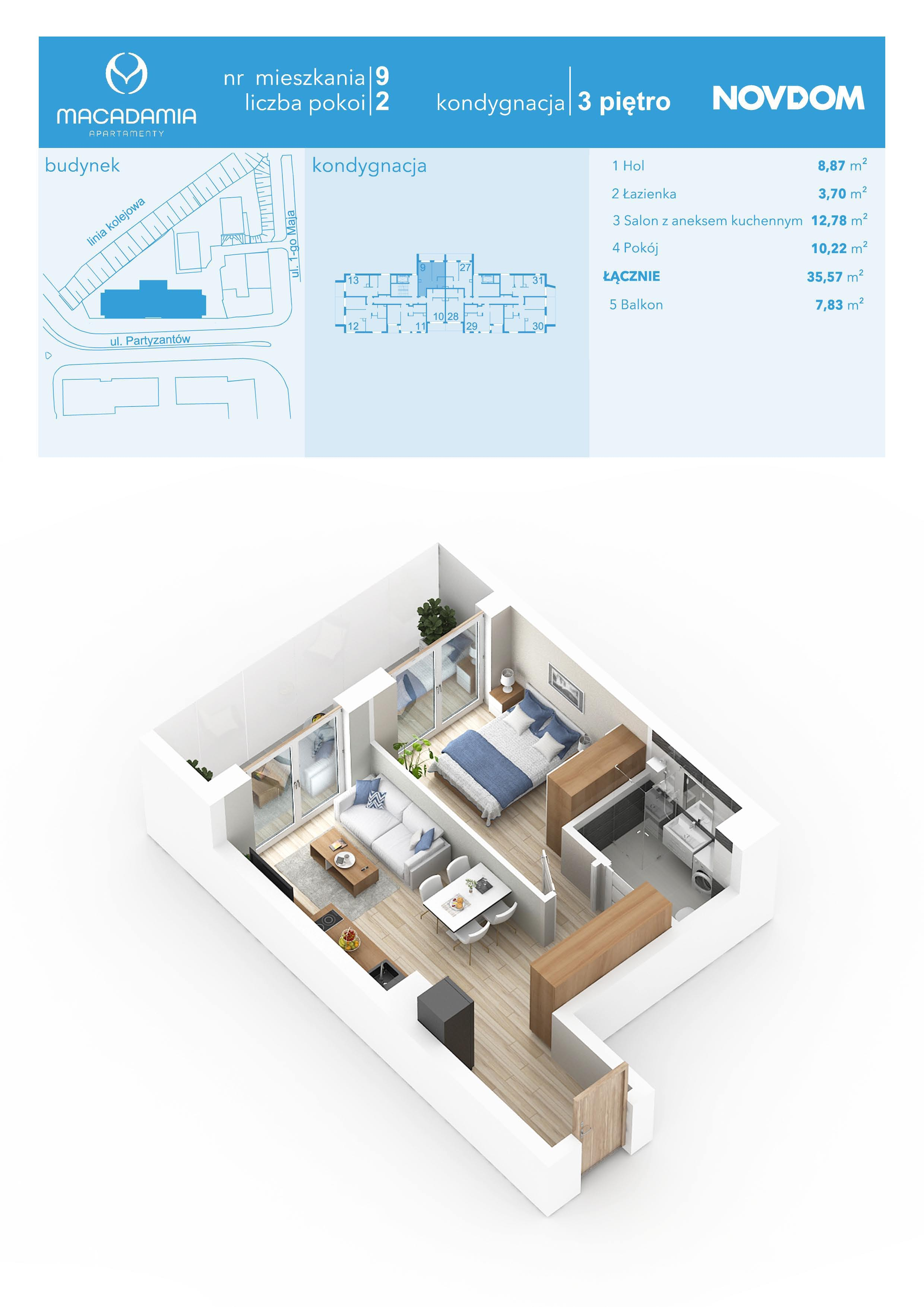 Apartament 35,57 m², piętro 3, oferta nr 1/9, Apartamenty Macadamia, Olsztyn, Śródmieście, ul. 1 Maja-idx