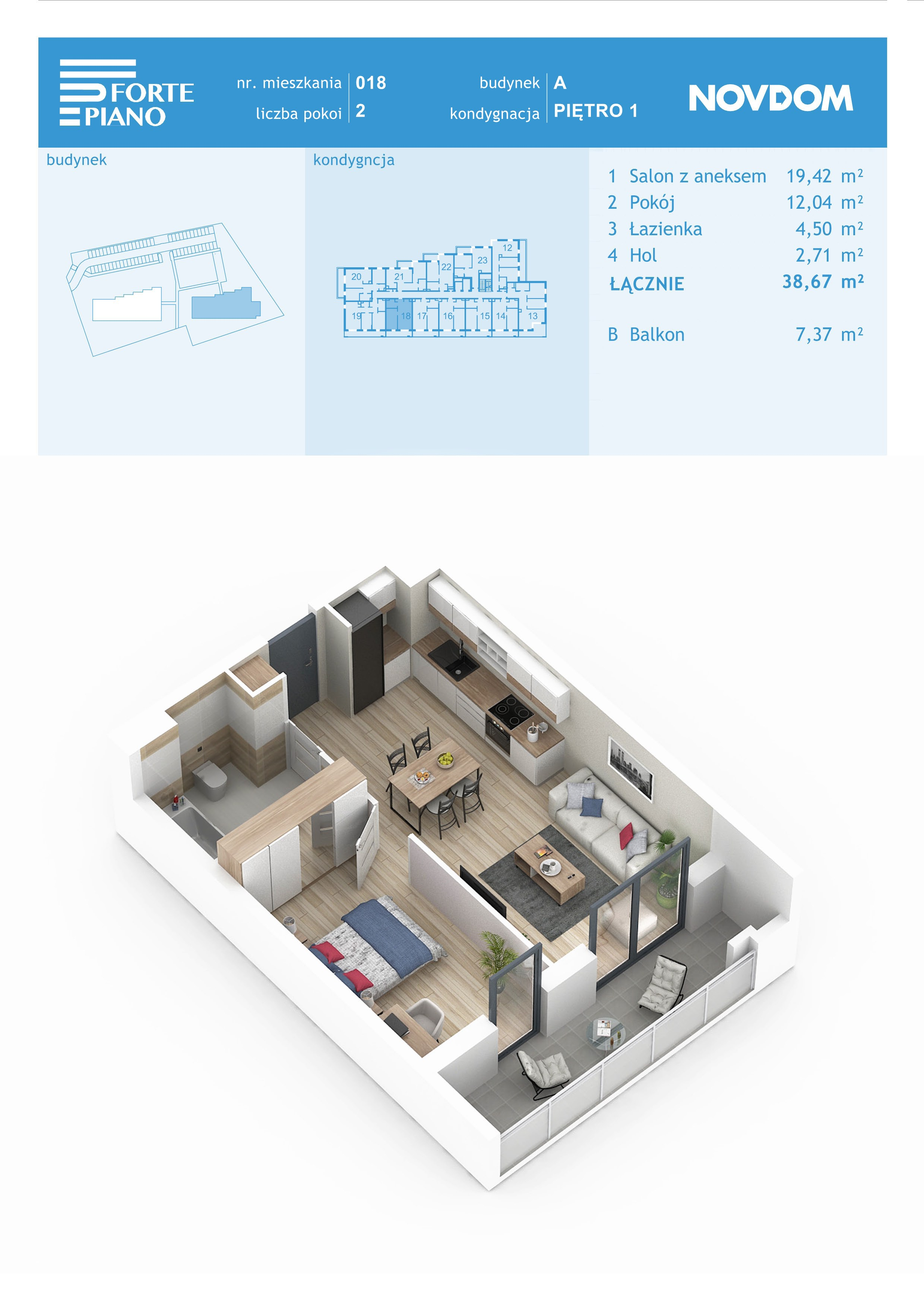 Apartament 38,67 m², piętro 1, oferta nr A/18, Forte Piano, Ostrołęka, ul. Ostrołęckich Harcerzy-idx