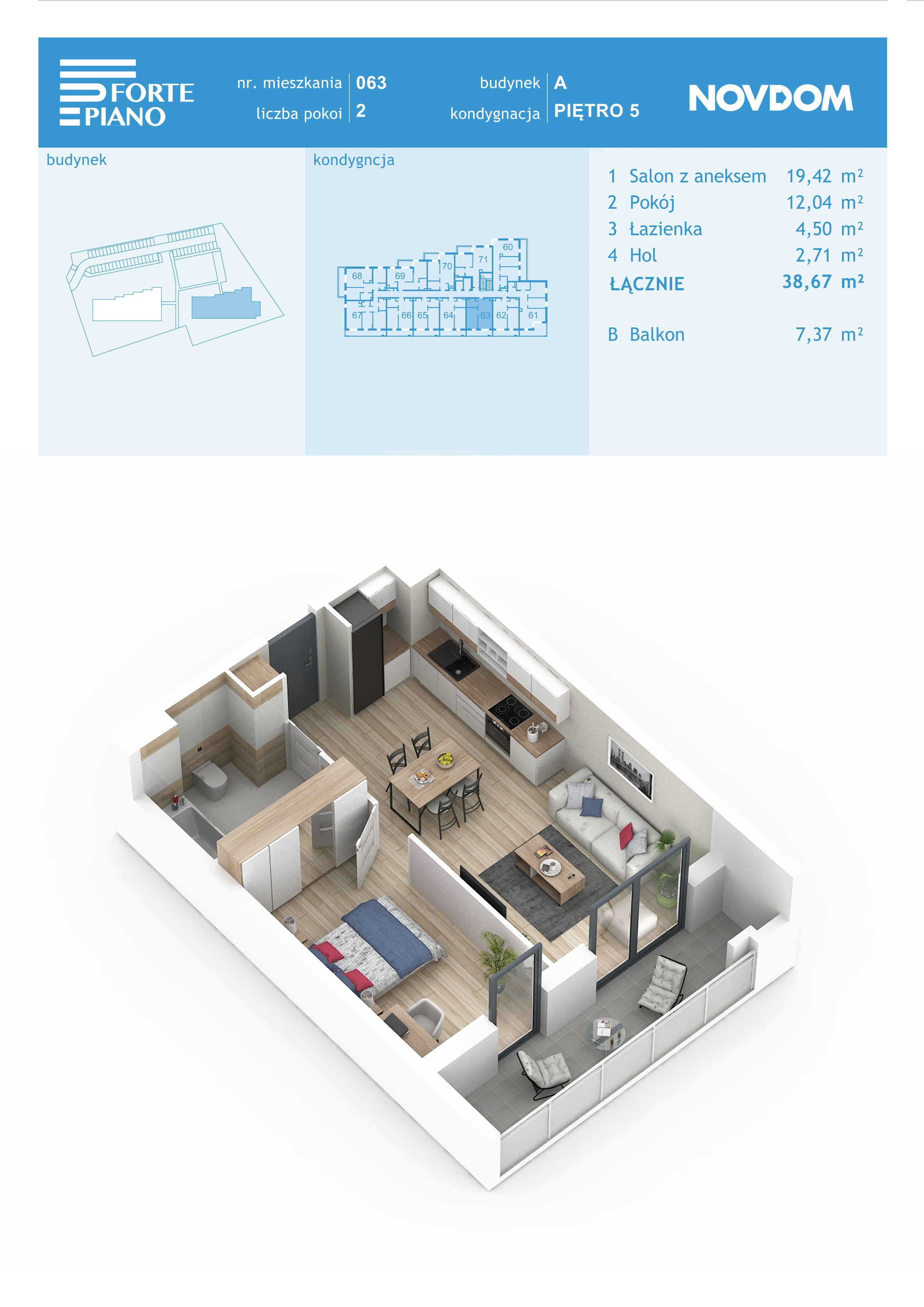 Apartament 38,67 m², piętro 5, oferta nr A/63, Forte Piano, Ostrołęka, ul. Ostrołęckich Harcerzy-idx