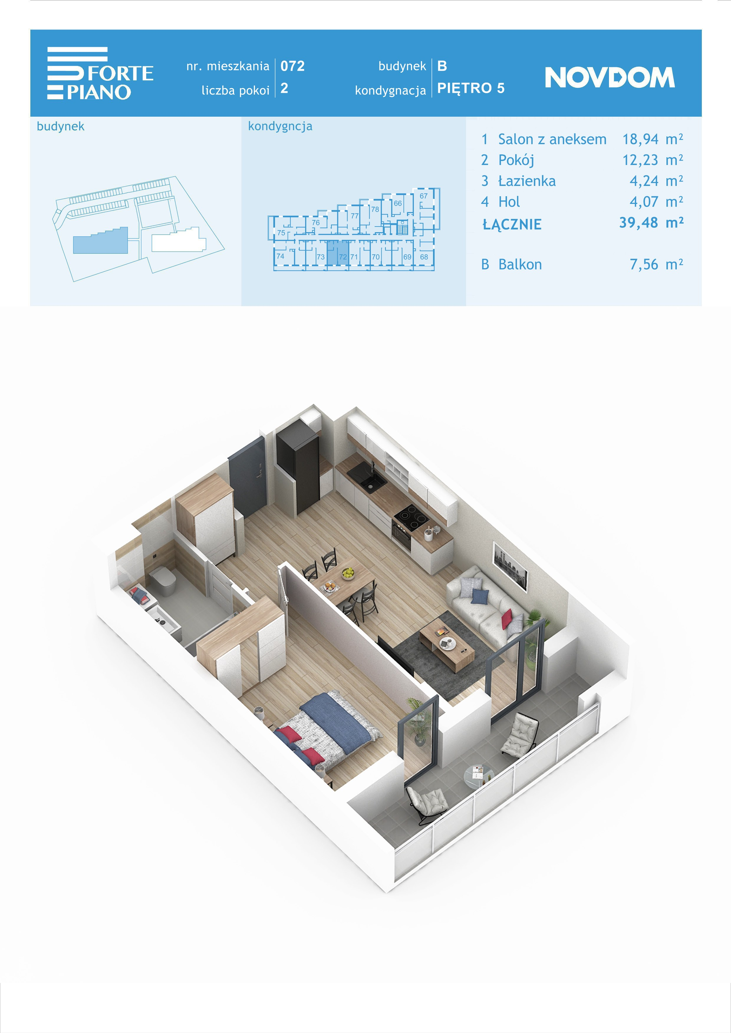 Apartament 39,48 m², piętro 5, oferta nr B/72, Forte Piano, Ostrołęka, ul. Ostrołęckich Harcerzy-idx