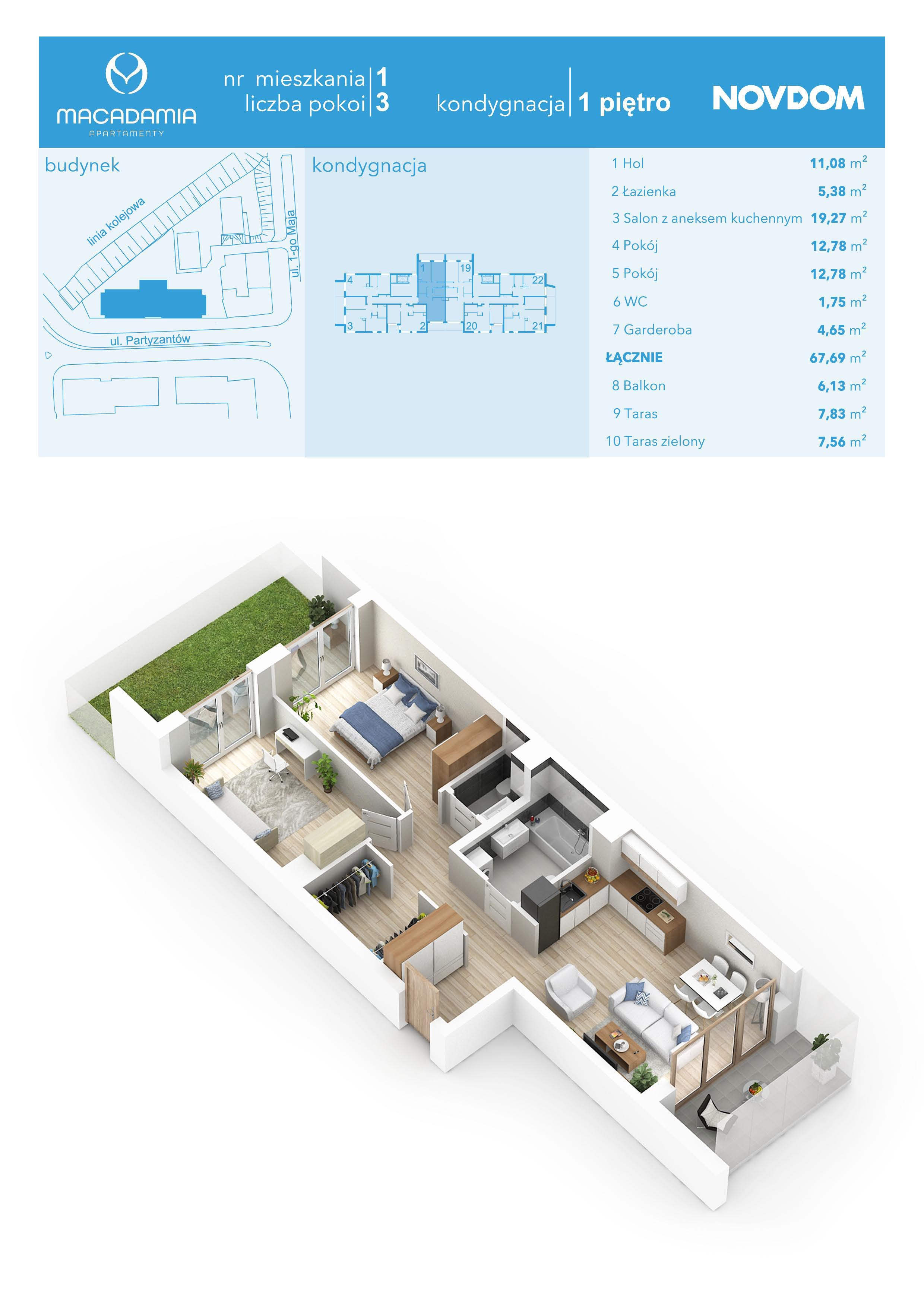 Apartament 67,69 m², piętro 1, oferta nr 1/1, Apartamenty Macadamia, Olsztyn, Śródmieście, ul. 1 Maja-idx