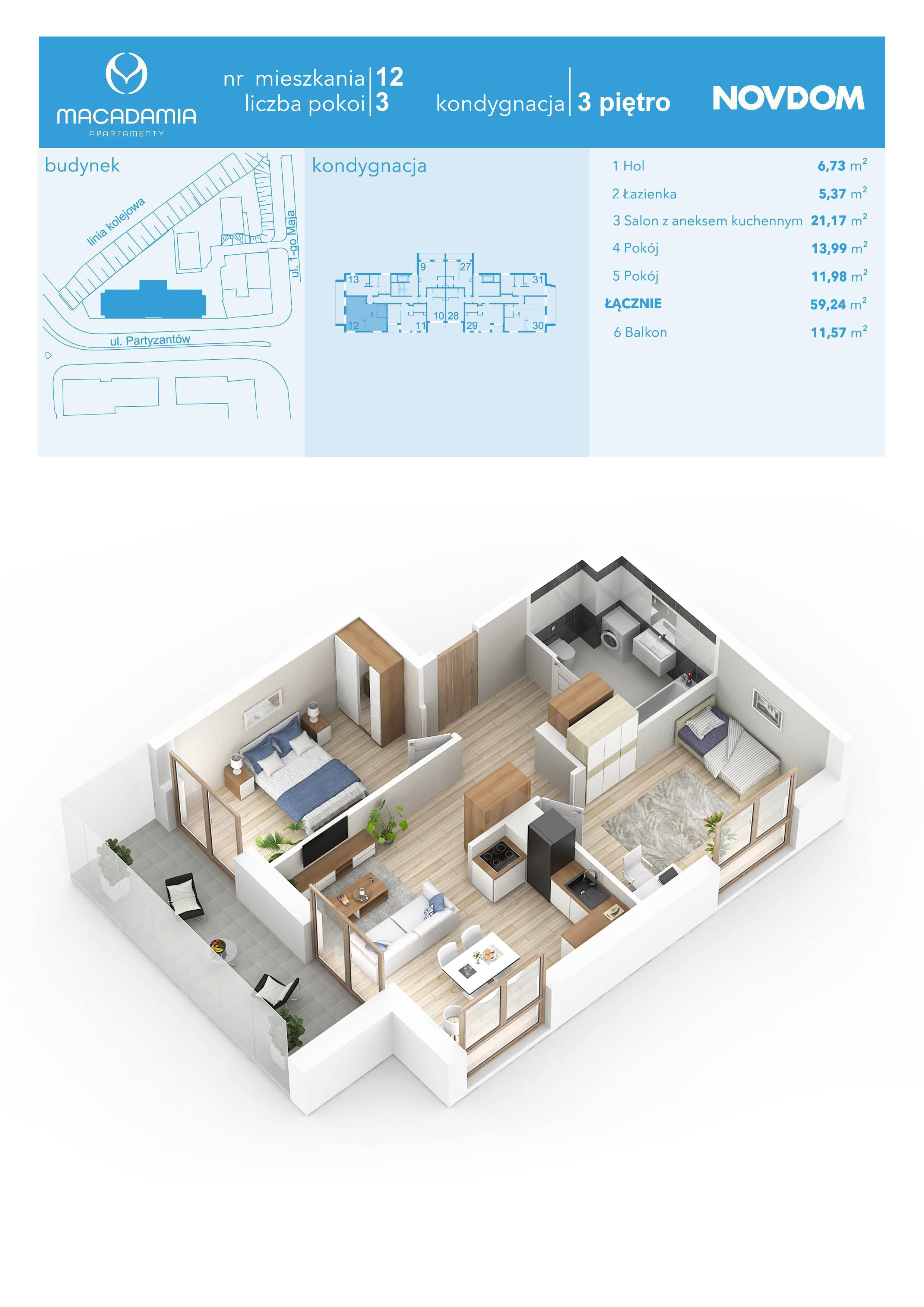 Apartament 59,24 m², piętro 3, oferta nr 1/12, Apartamenty Macadamia, Olsztyn, Śródmieście, ul. 1 Maja-idx