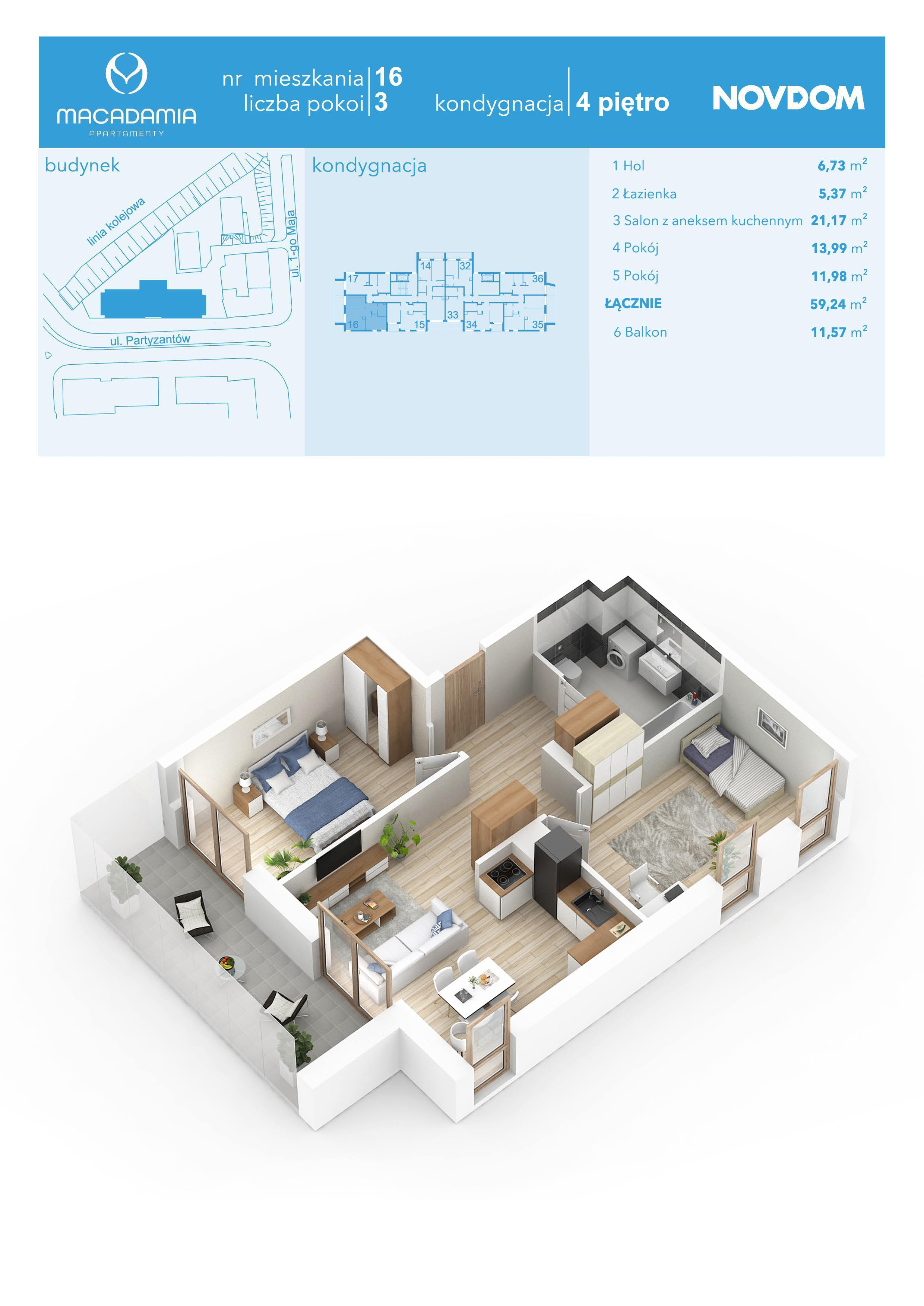 Apartament 59,24 m², piętro 4, oferta nr 1/16, Apartamenty Macadamia, Olsztyn, Śródmieście, ul. 1 Maja-idx