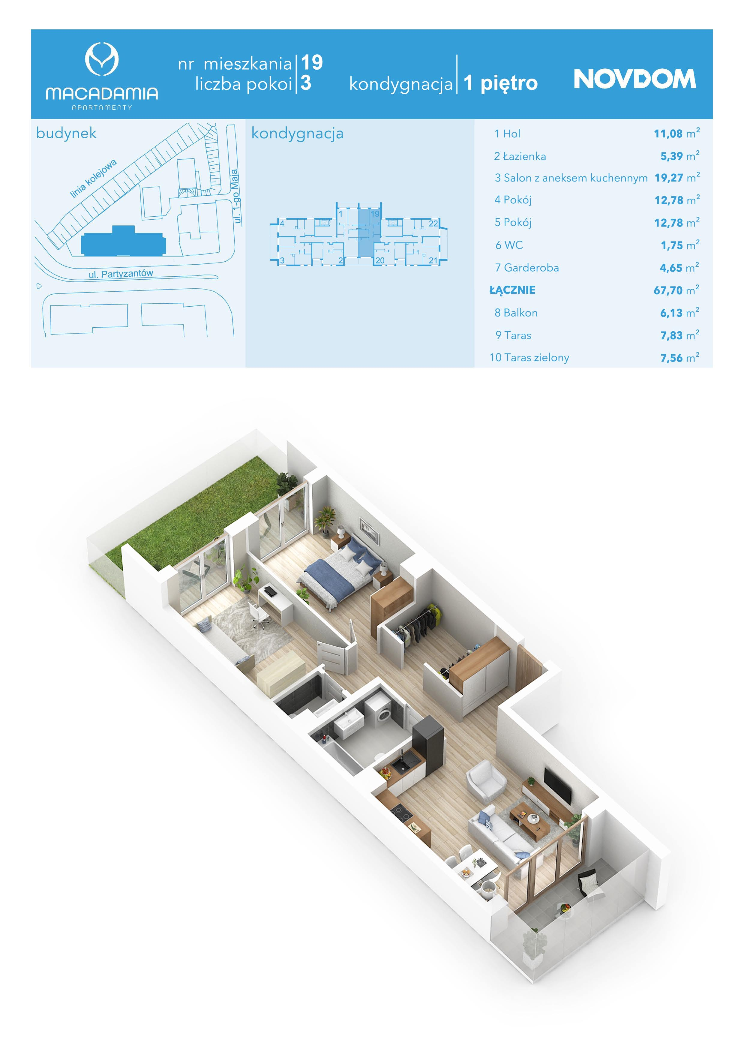 Apartament 67,70 m², piętro 1, oferta nr 1/19, Apartamenty Macadamia, Olsztyn, Śródmieście, ul. 1 Maja-idx