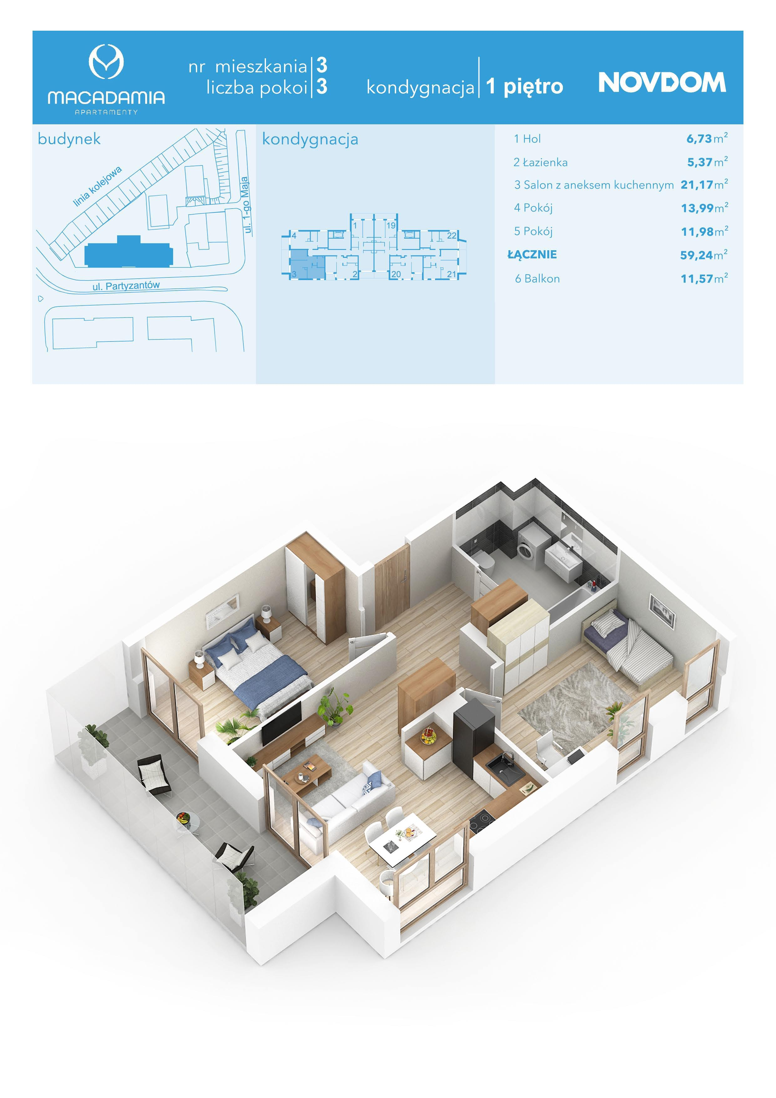 Apartament 59,24 m², piętro 1, oferta nr 1/3, Apartamenty Macadamia, Olsztyn, Śródmieście, ul. 1 Maja-idx