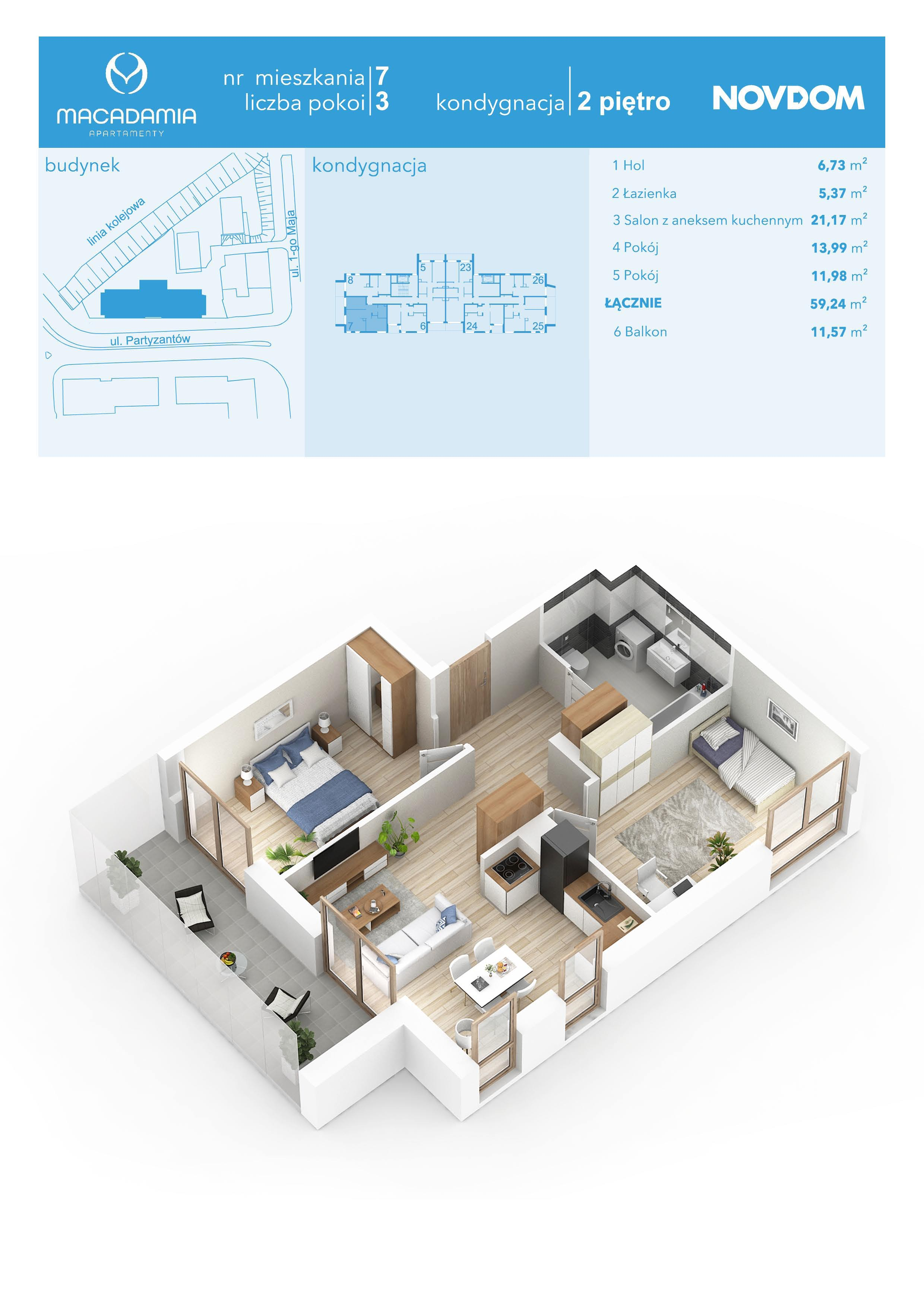 Apartament 59,24 m², piętro 2, oferta nr 1/7, Apartamenty Macadamia, Olsztyn, Śródmieście, ul. 1 Maja-idx