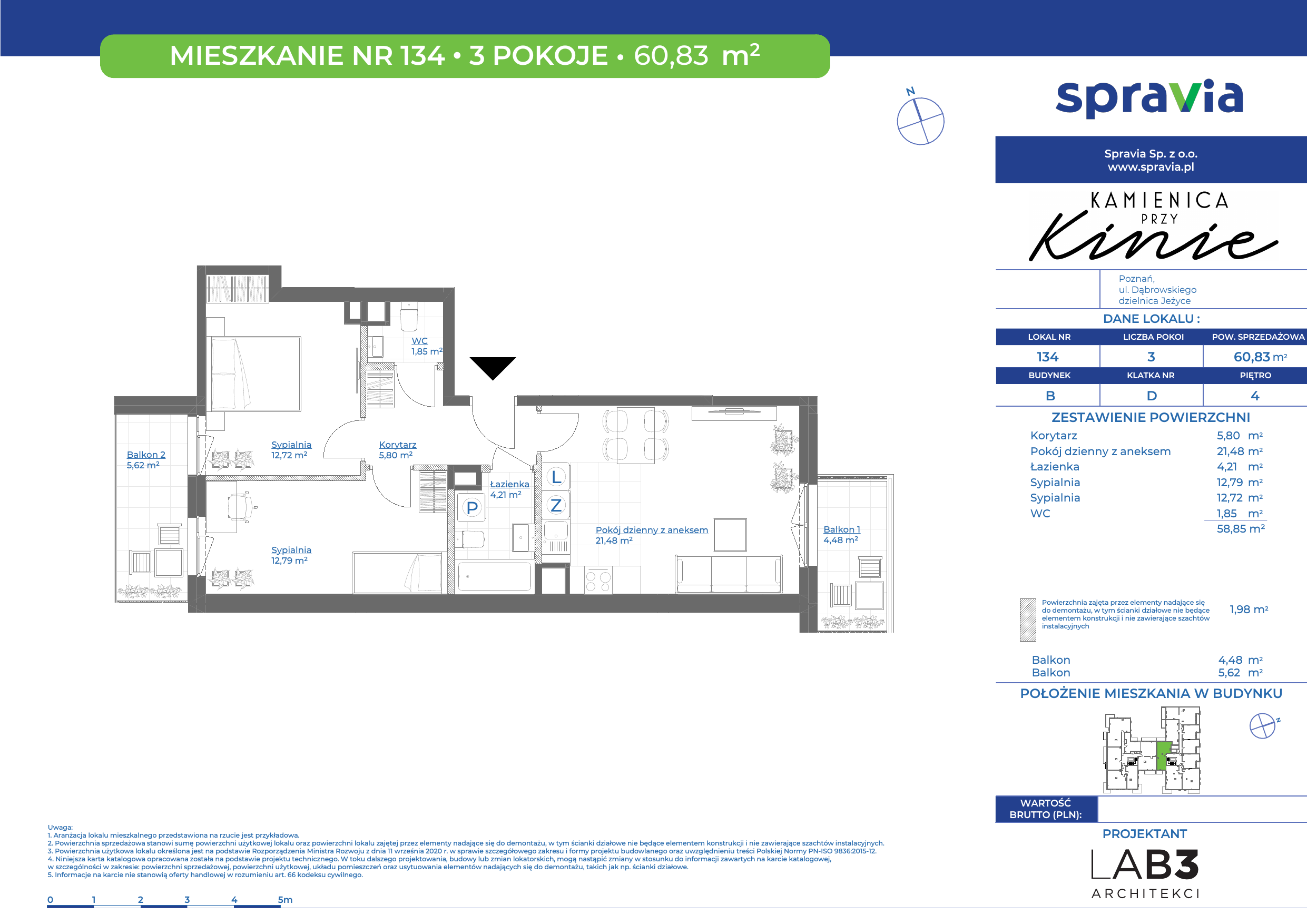 Apartament 60,83 m², piętro 4, oferta nr 134, Kamienica Przy Kinie, Poznań, Jeżyce, Jeżyce, ul. Henryka Dąbrowskiego 31-idx