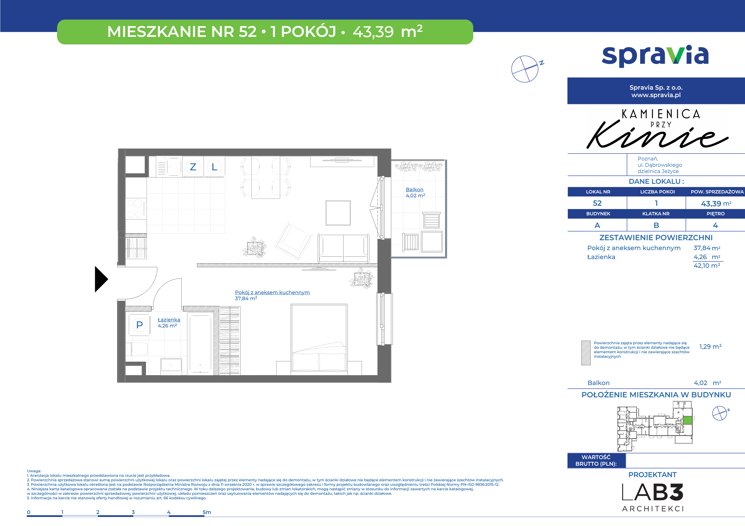 Mieszkanie 43,39 m², piętro 4, oferta nr 52, Kamienica Przy Kinie, Poznań, Jeżyce, Jeżyce, ul. Henryka Dąbrowskiego 31-idx