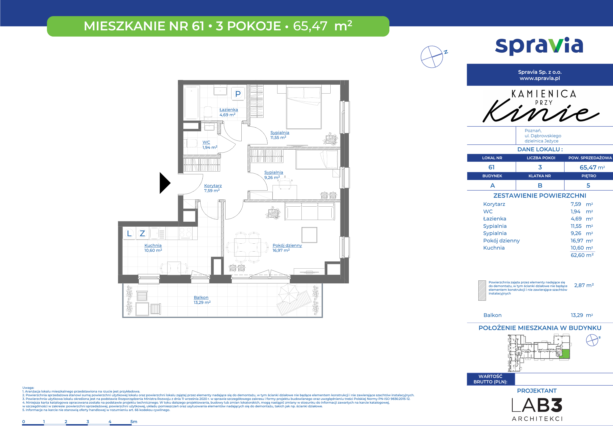 Mieszkanie 65,47 m², piętro 5, oferta nr 61, Kamienica Przy Kinie, Poznań, Jeżyce, Jeżyce, ul. Henryka Dąbrowskiego 31-idx