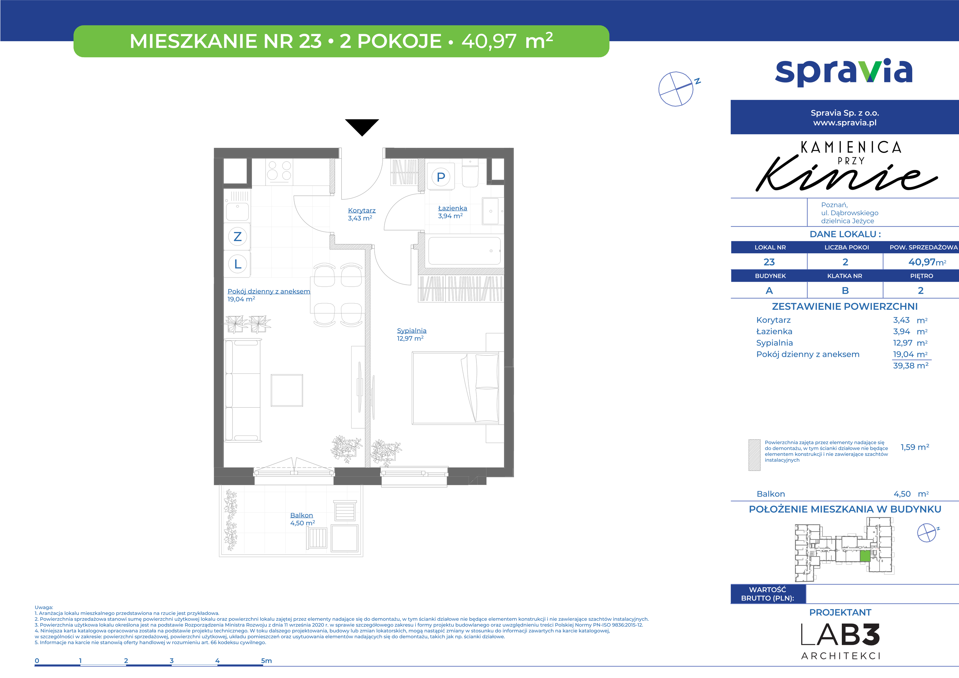 Mieszkanie 40,97 m², piętro 2, oferta nr 23, Kamienica Przy Kinie, Poznań, Jeżyce, Jeżyce, ul. Henryka Dąbrowskiego 31-idx