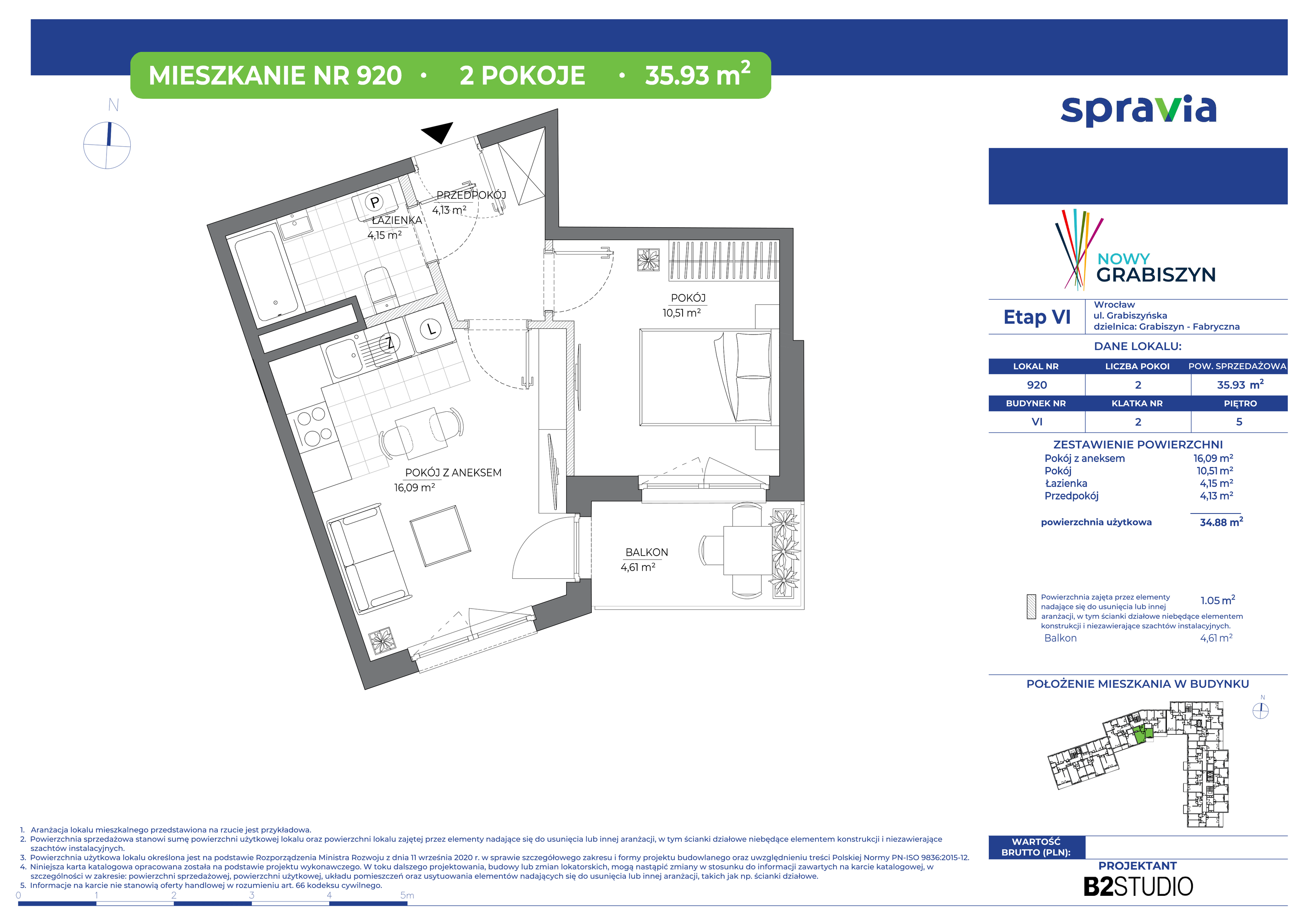 Mieszkanie 35,93 m², piętro 5, oferta nr 920, Nowy Grabiszyn 6, Wrocław, Grabiszyn-Grabiszynek, Fabryczna, ul. Miedziana-idx