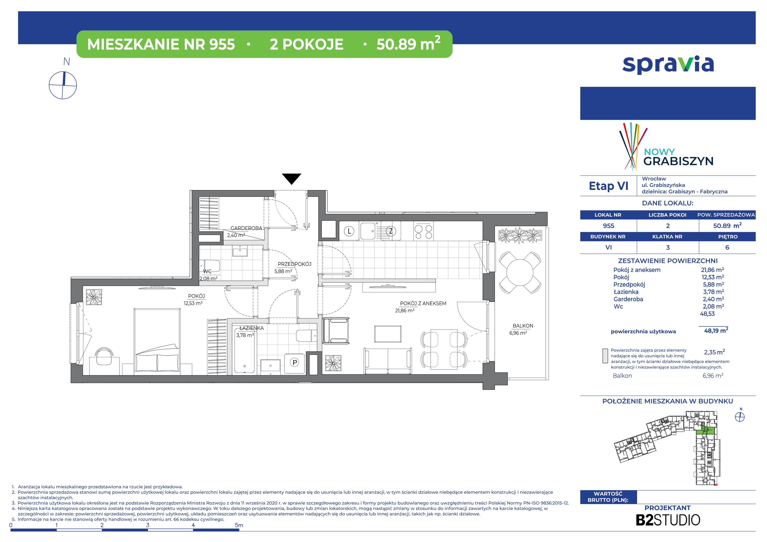 Mieszkanie 50,89 m², piętro 6, oferta nr 955, Nowy Grabiszyn 6, Wrocław, Grabiszyn-Grabiszynek, Fabryczna, ul. Miedziana-idx