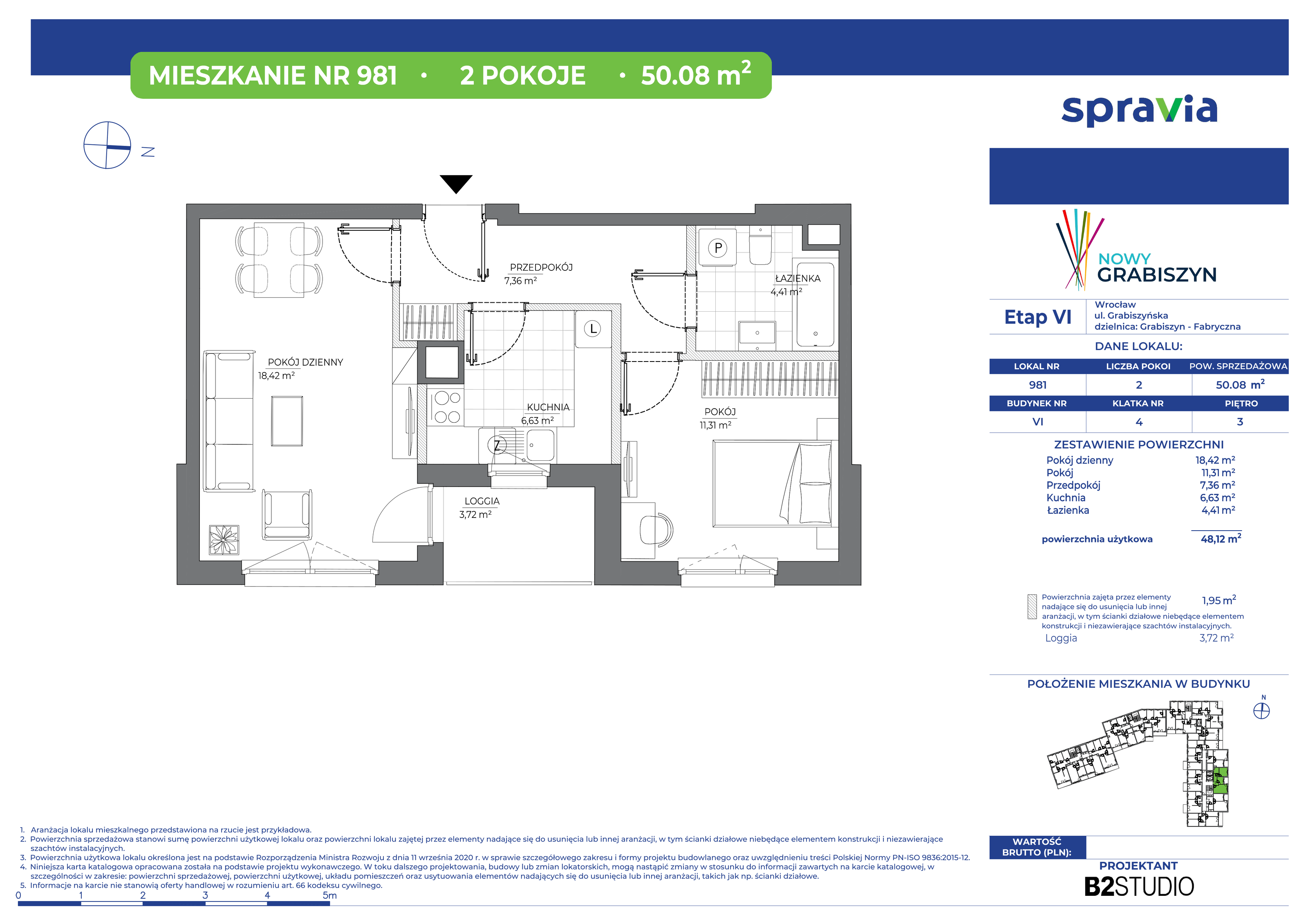 Mieszkanie 50,08 m², piętro 3, oferta nr 981, Nowy Grabiszyn 6, Wrocław, Grabiszyn-Grabiszynek, Fabryczna, ul. Miedziana-idx