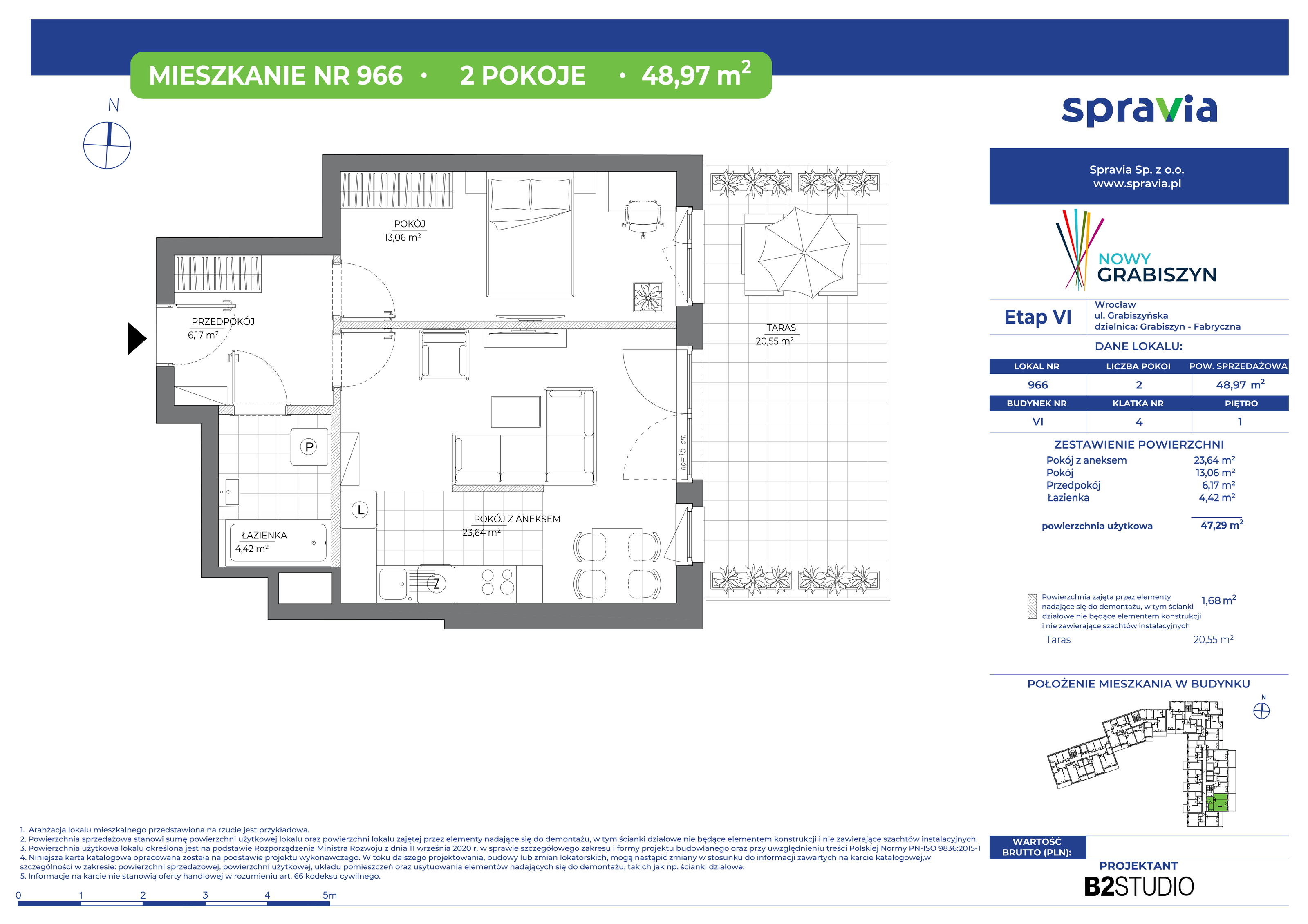 Mieszkanie 48,97 m², piętro 1, oferta nr 966, Nowy Grabiszyn 6, Wrocław, Grabiszyn-Grabiszynek, Fabryczna, ul. Miedziana-idx