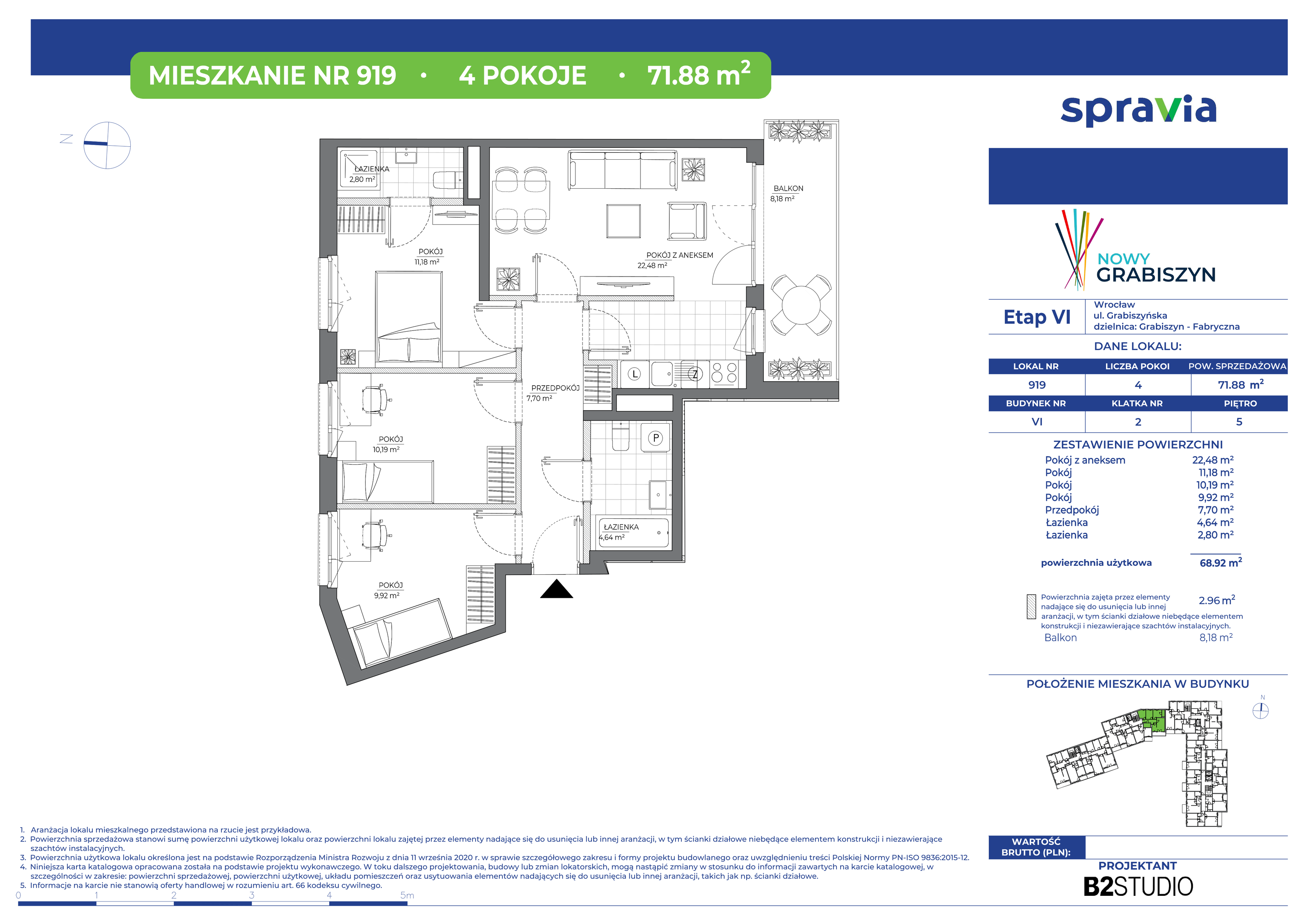 Mieszkanie 71,88 m², piętro 5, oferta nr 919, Nowy Grabiszyn 6, Wrocław, Grabiszyn-Grabiszynek, Fabryczna, ul. Miedziana-idx