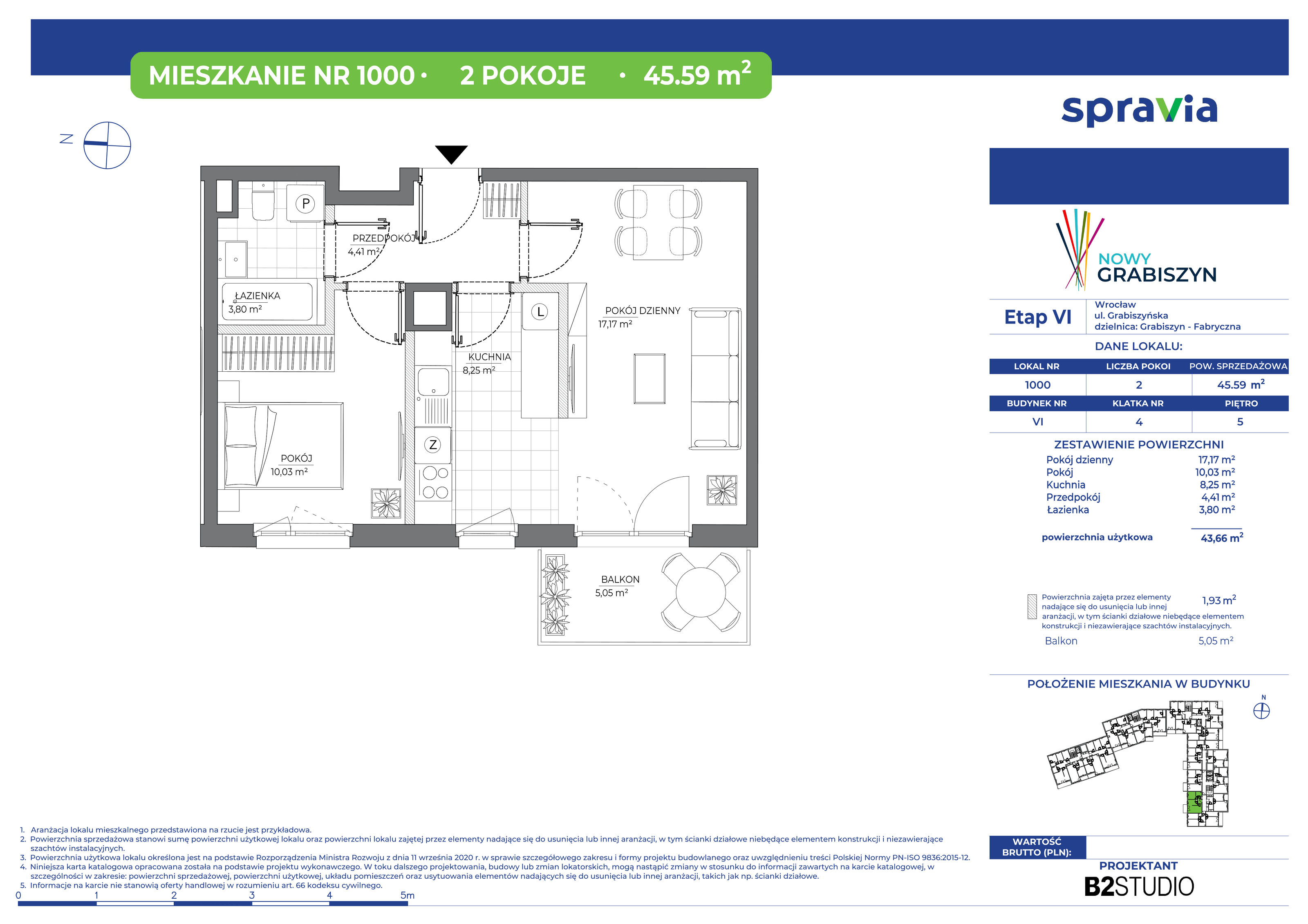 Mieszkanie 45,59 m², piętro 5, oferta nr 1000, Nowy Grabiszyn 6, Wrocław, Grabiszyn-Grabiszynek, Fabryczna, ul. Miedziana-idx