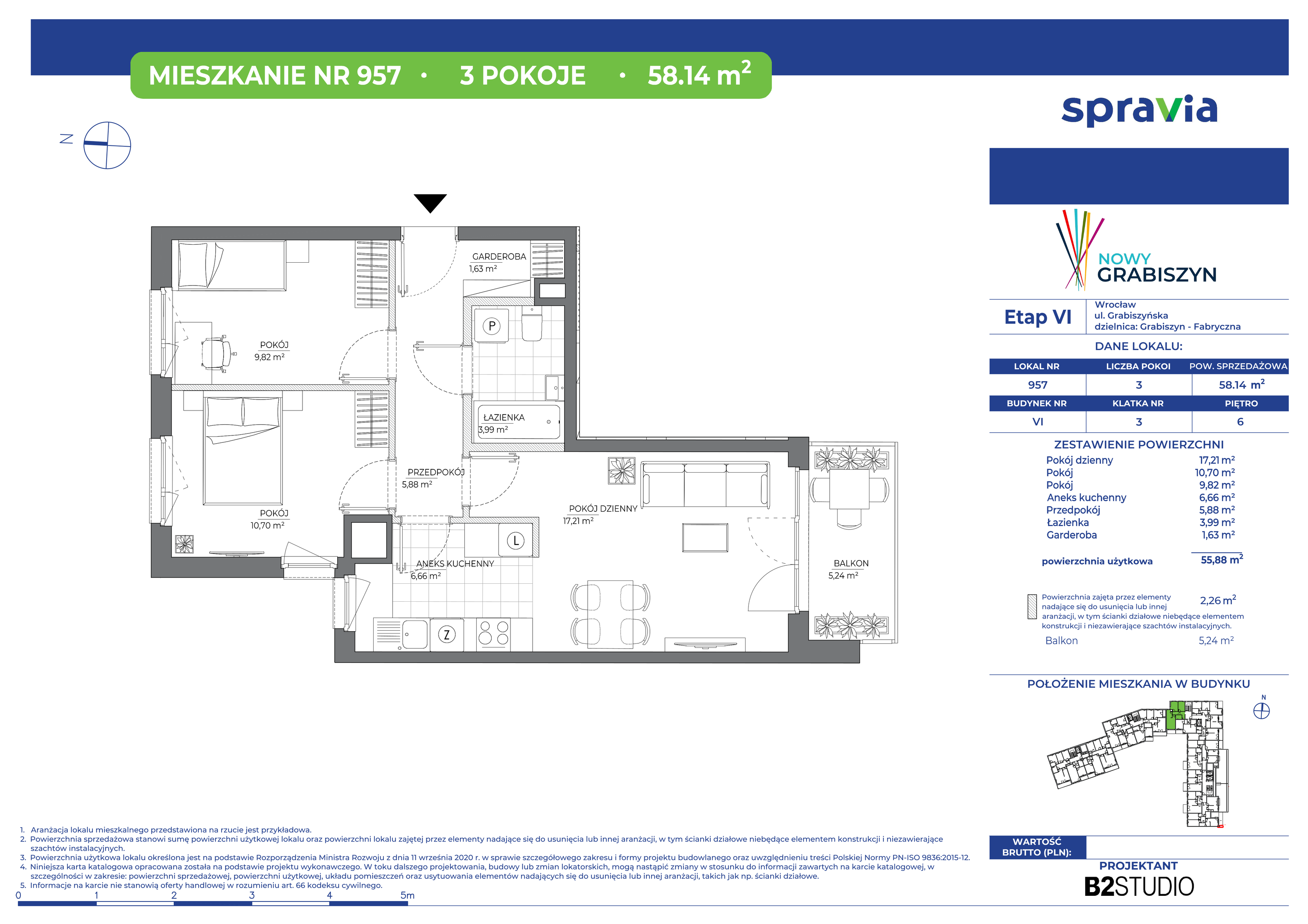 Mieszkanie 58,14 m², piętro 6, oferta nr 957, Nowy Grabiszyn 6, Wrocław, Grabiszyn-Grabiszynek, Fabryczna, ul. Miedziana-idx