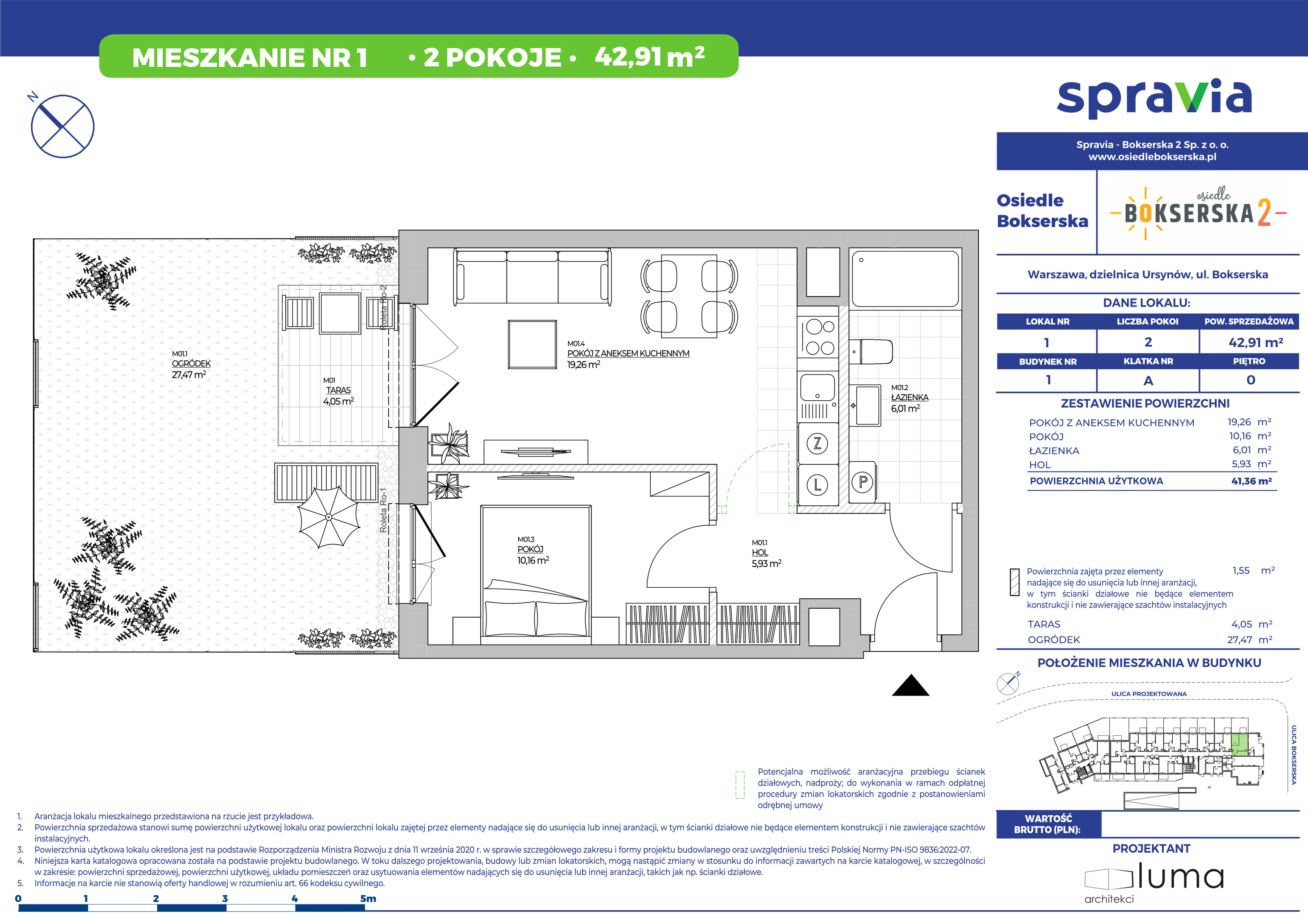 Mieszkanie 42,91 m², parter, oferta nr 1, Osiedle Bokserska 2, Warszawa, Mokotów, Służewiec, ul. Bokserska 73A-idx