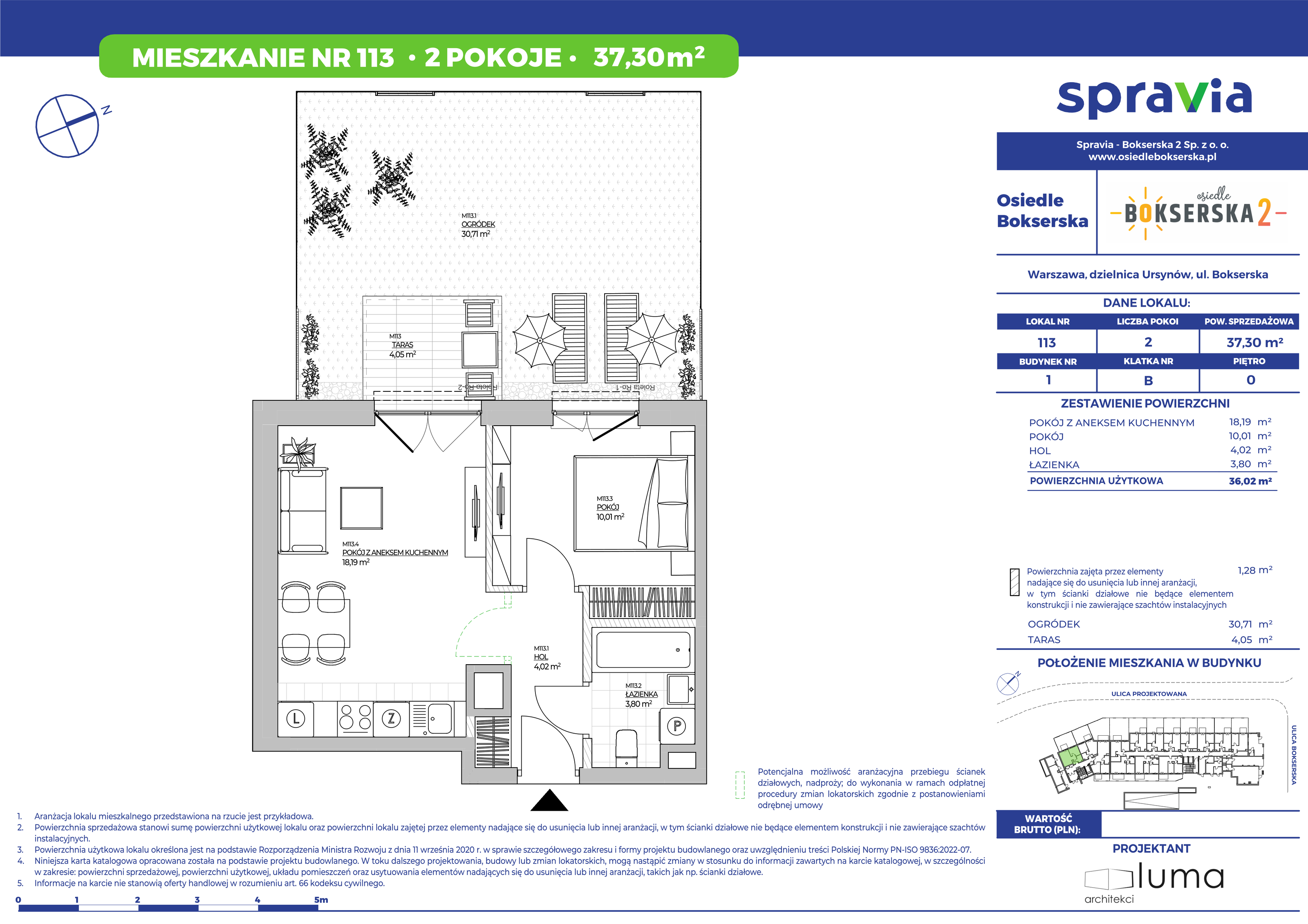 Mieszkanie 37,30 m², parter, oferta nr 113, Osiedle Bokserska 2, Warszawa, Mokotów, Służewiec, ul. Bokserska 73A-idx