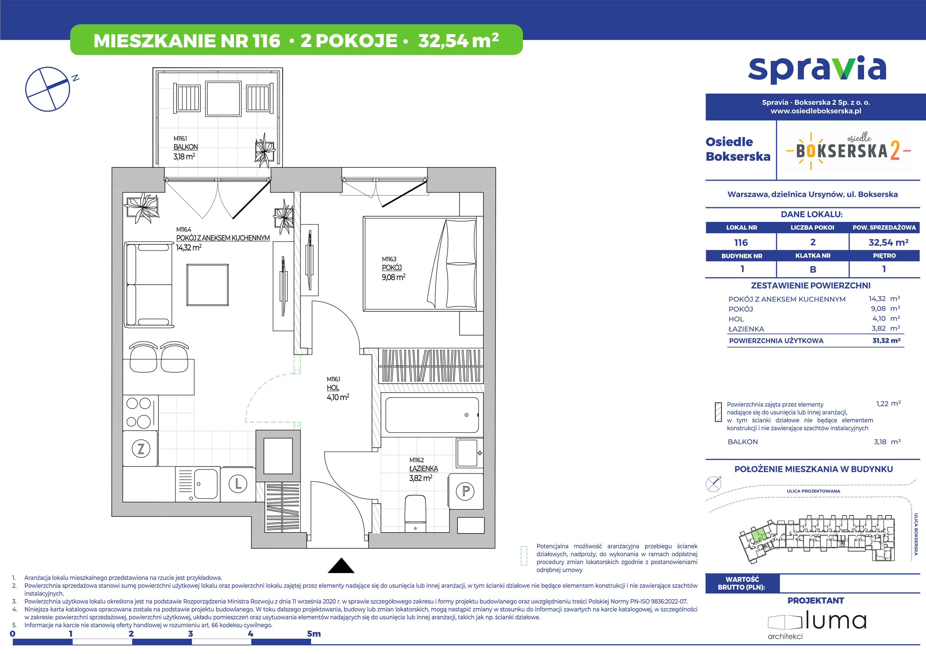 Mieszkanie 32,54 m², piętro 1, oferta nr 116, Osiedle Bokserska 2, Warszawa, Mokotów, Służewiec, ul. Bokserska 73A-idx