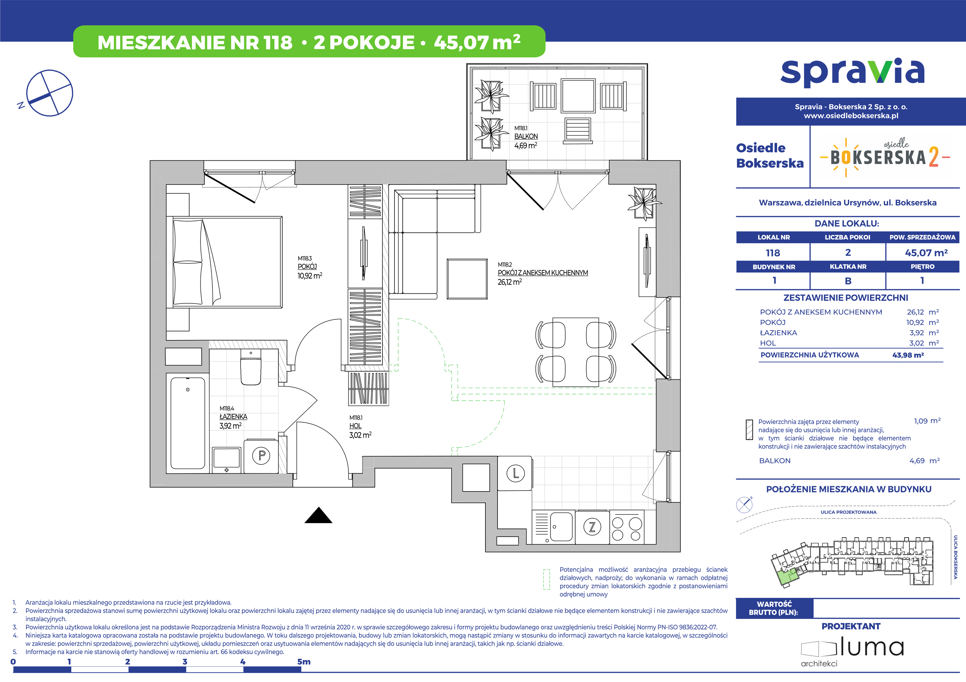 Mieszkanie 45,07 m², piętro 1, oferta nr 118, Osiedle Bokserska 2, Warszawa, Mokotów, Służewiec, ul. Bokserska 73A-idx