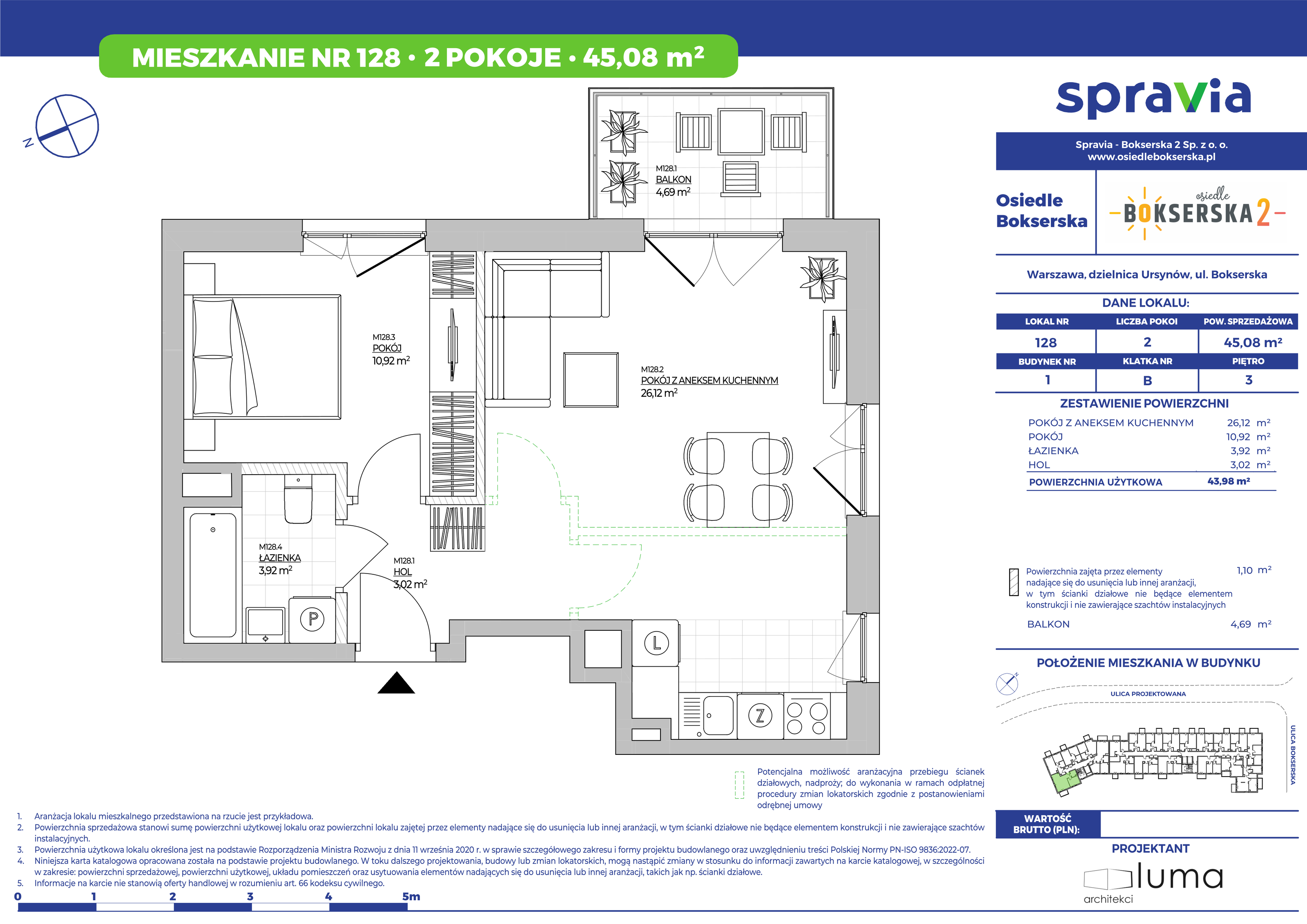 Mieszkanie 45,08 m², piętro 3, oferta nr 128, Osiedle Bokserska 2, Warszawa, Mokotów, Służewiec, ul. Bokserska 73A-idx