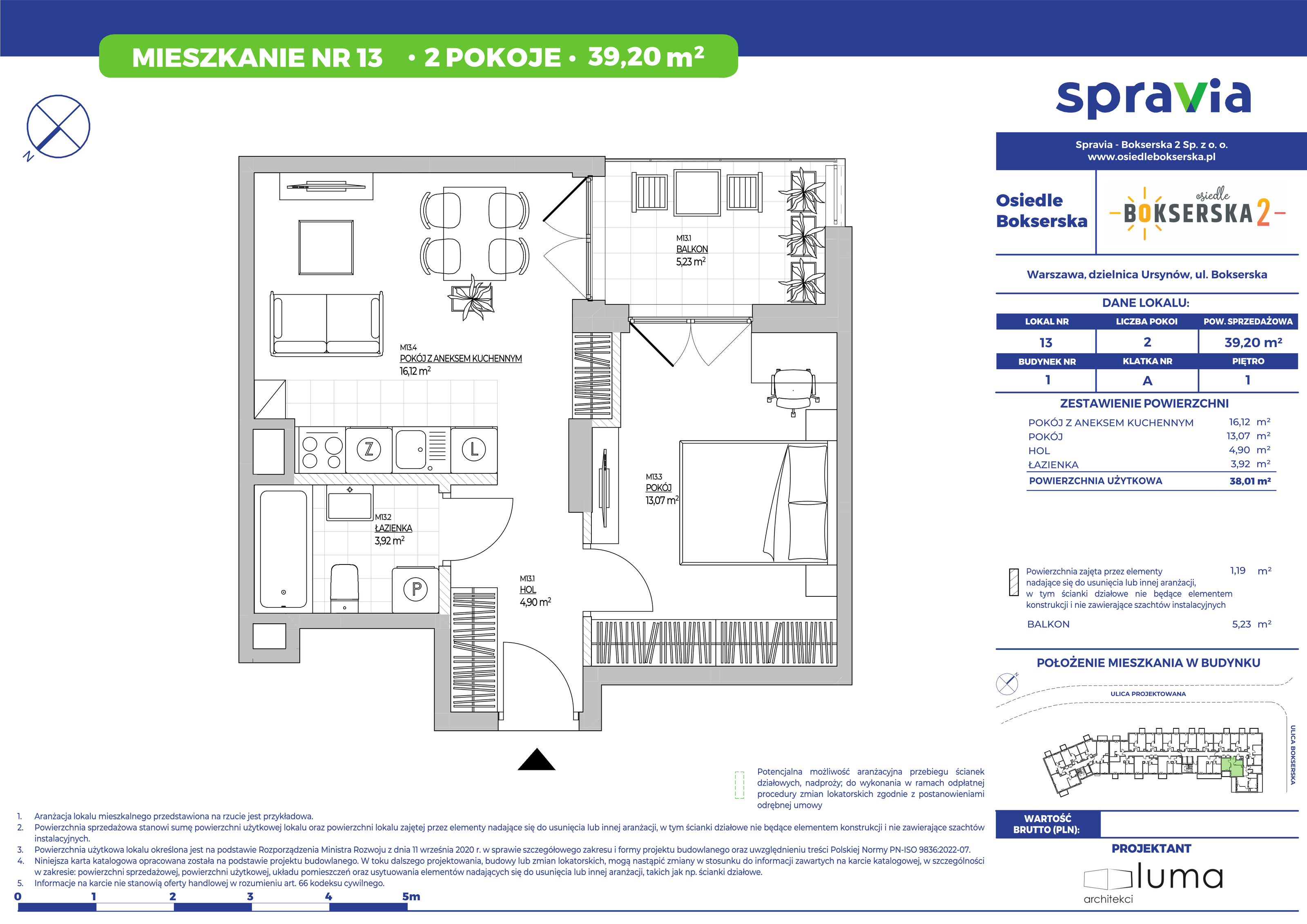 Mieszkanie 39,20 m², piętro 1, oferta nr 13, Osiedle Bokserska 2, Warszawa, Mokotów, Służewiec, ul. Bokserska 73A-idx