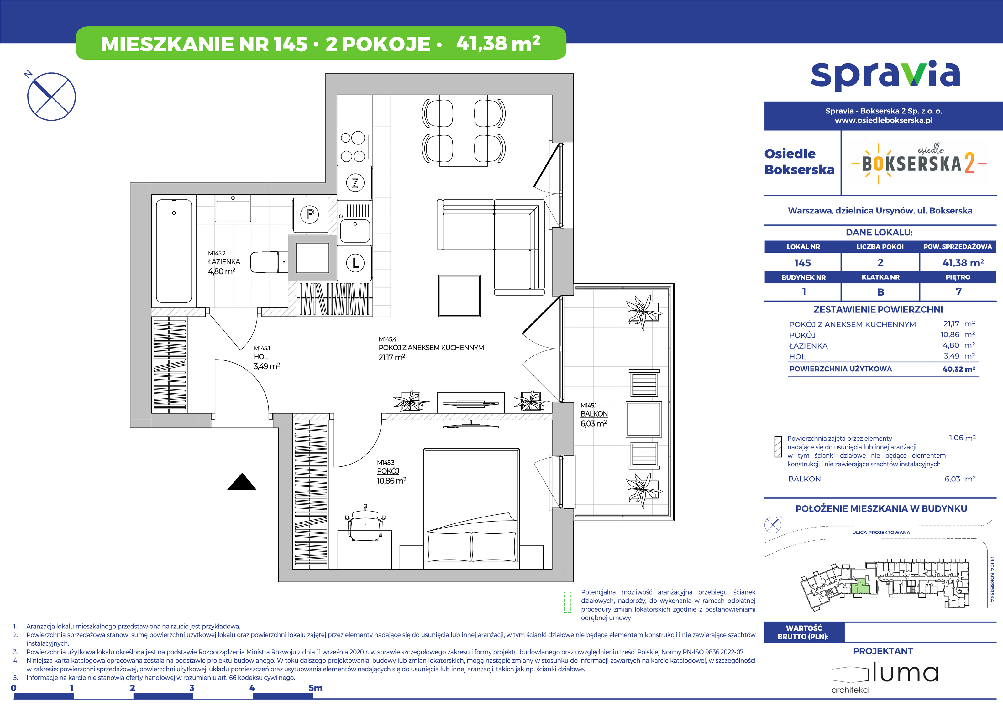 Mieszkanie 41,38 m², piętro 7, oferta nr 145, Osiedle Bokserska 2, Warszawa, Mokotów, Służewiec, ul. Bokserska 73A-idx