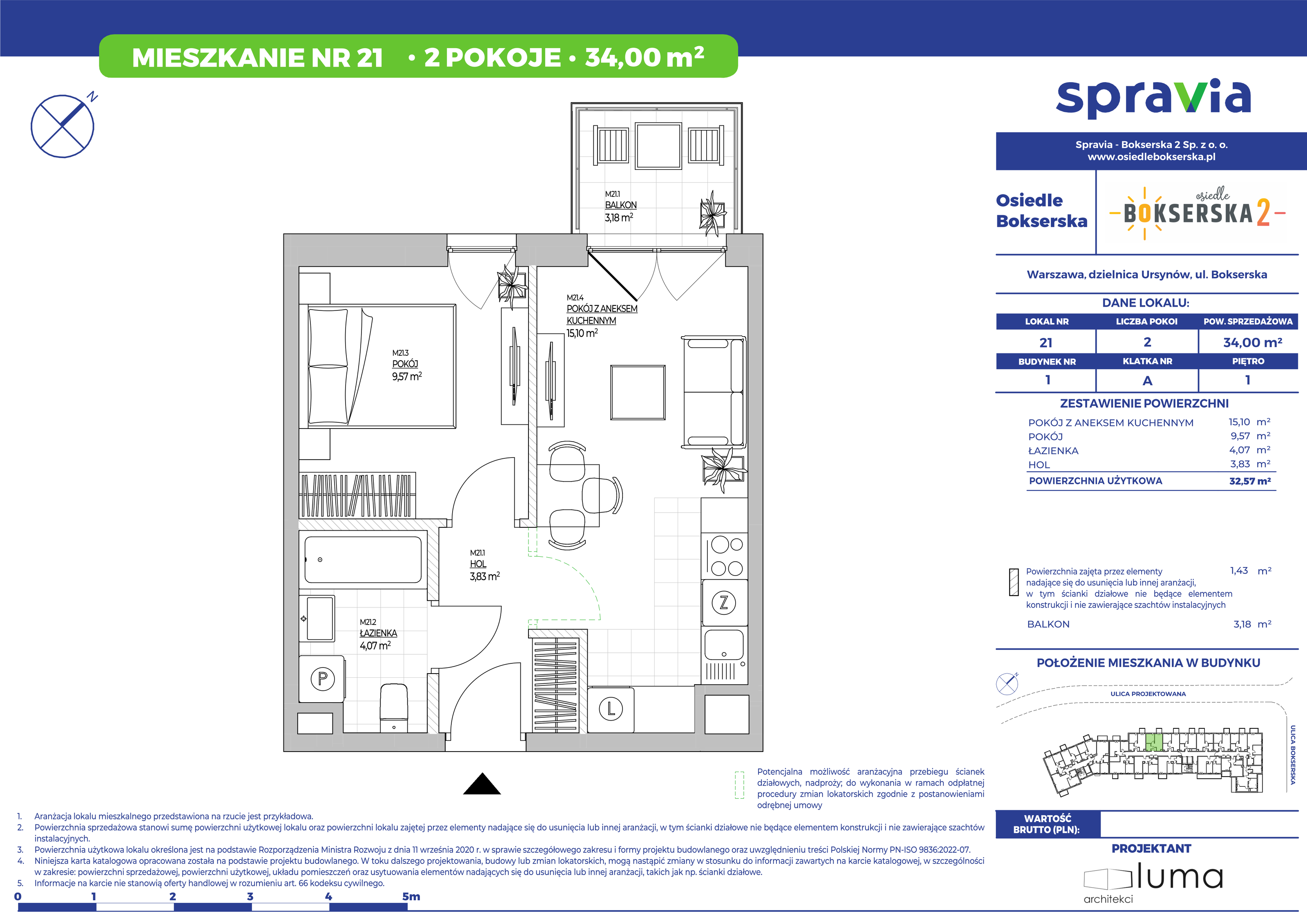 Mieszkanie 34,00 m², piętro 1, oferta nr 21, Osiedle Bokserska 2, Warszawa, Mokotów, Służewiec, ul. Bokserska 73A-idx