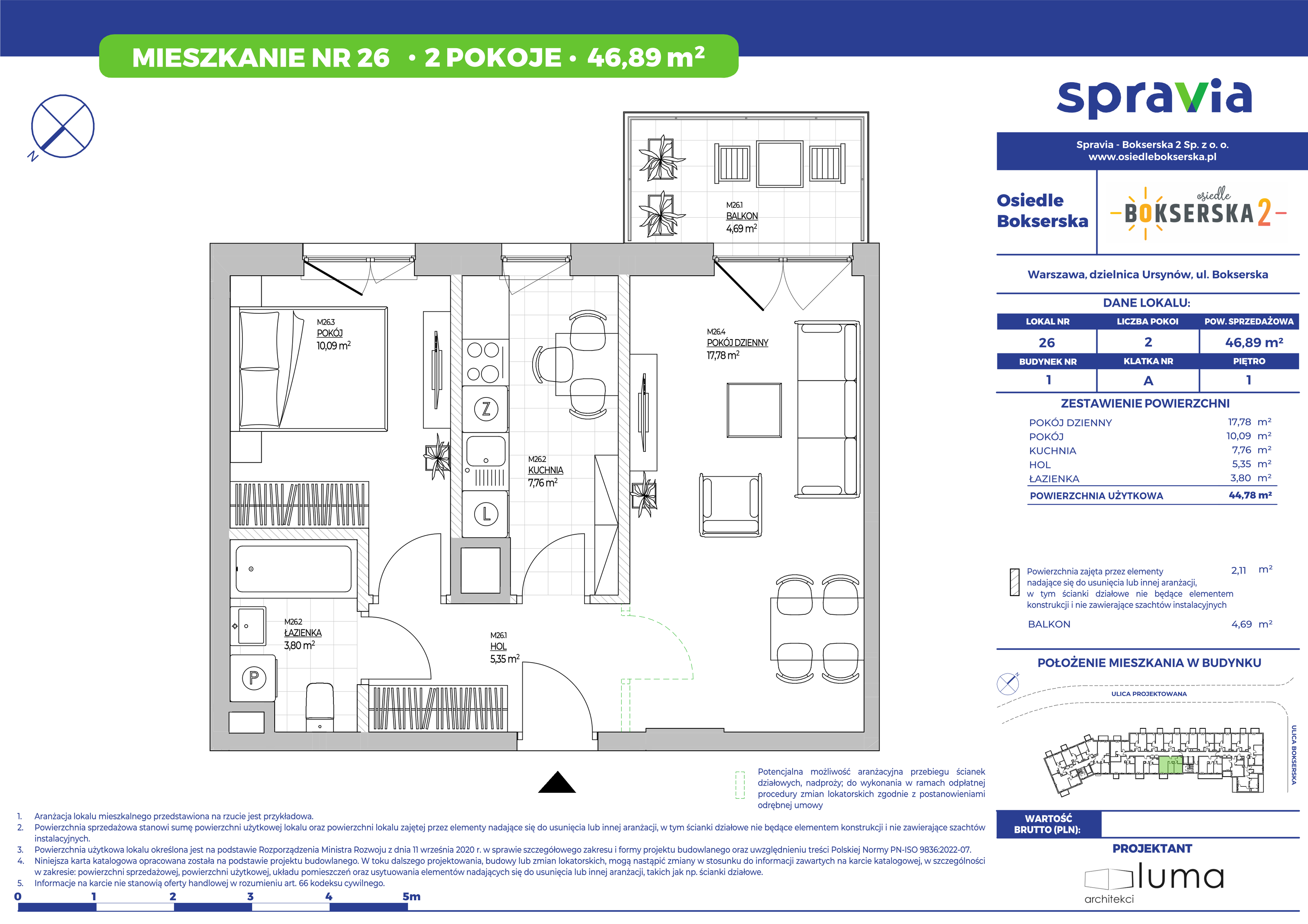 Mieszkanie 46,89 m², piętro 1, oferta nr 26, Osiedle Bokserska 2, Warszawa, Mokotów, Służewiec, ul. Bokserska 73A-idx