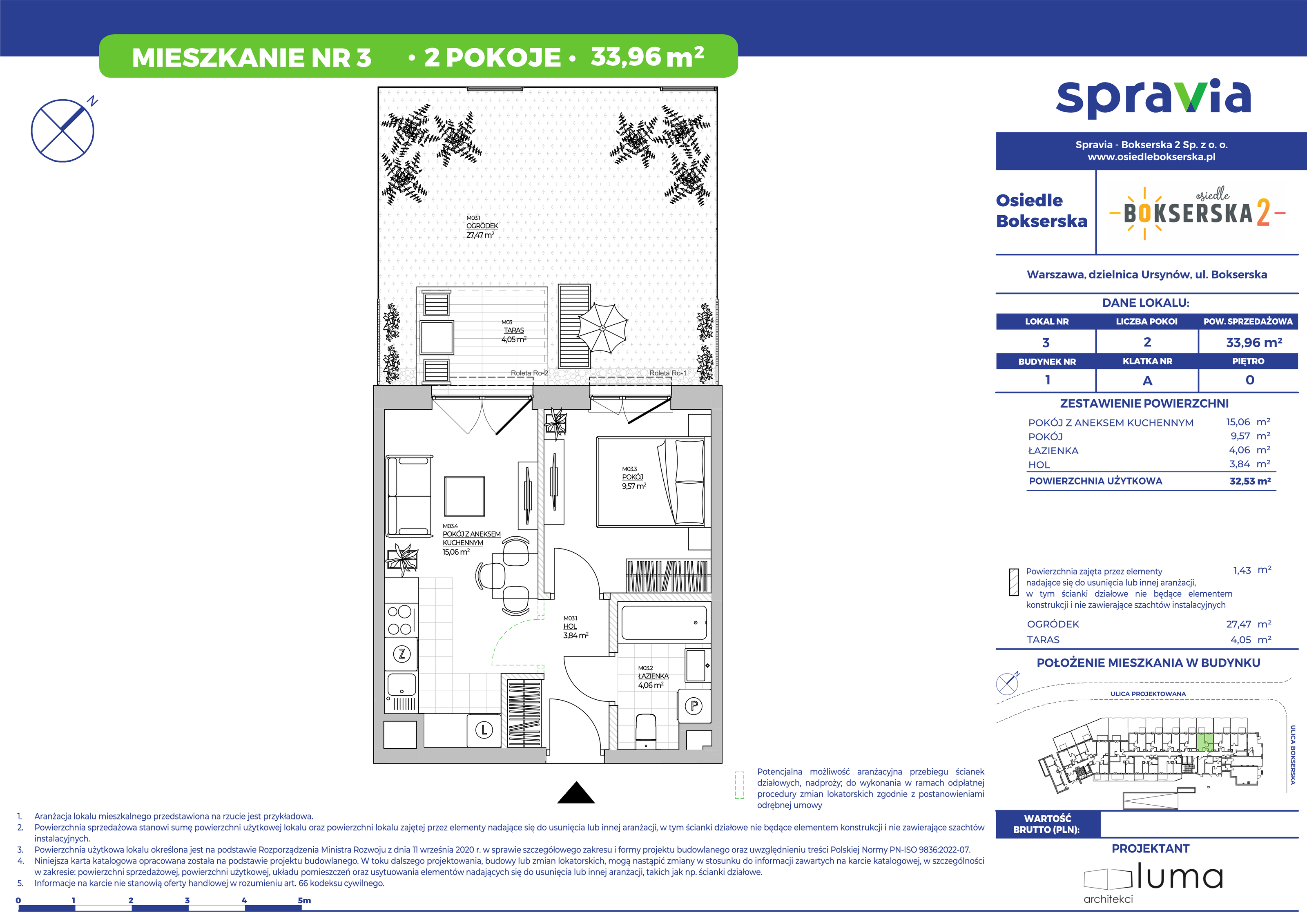 Mieszkanie 33,96 m², parter, oferta nr 3, Osiedle Bokserska 2, Warszawa, Mokotów, Służewiec, ul. Bokserska 73A-idx