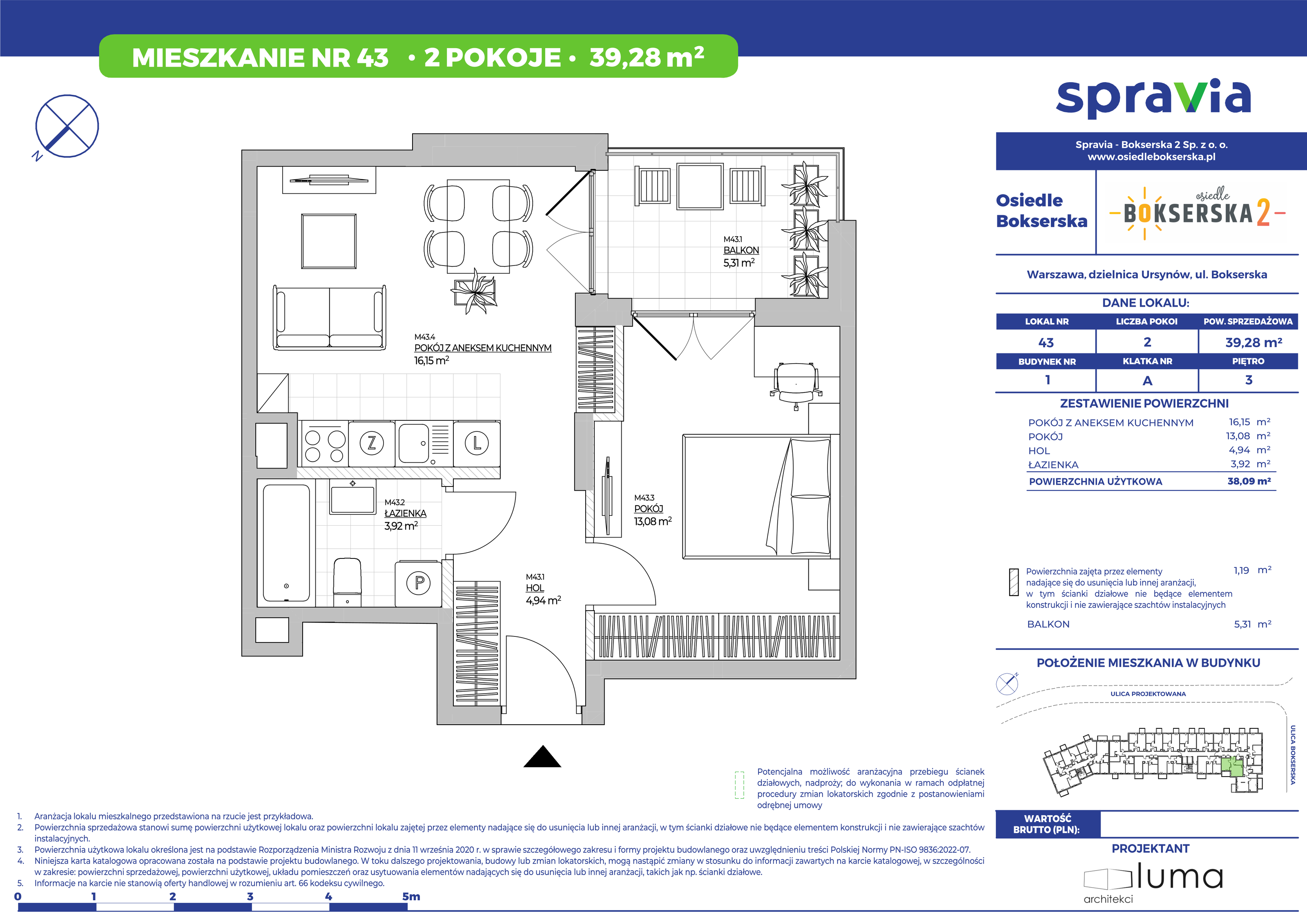 Mieszkanie 39,28 m², piętro 3, oferta nr 43, Osiedle Bokserska 2, Warszawa, Mokotów, Służewiec, ul. Bokserska 73A-idx