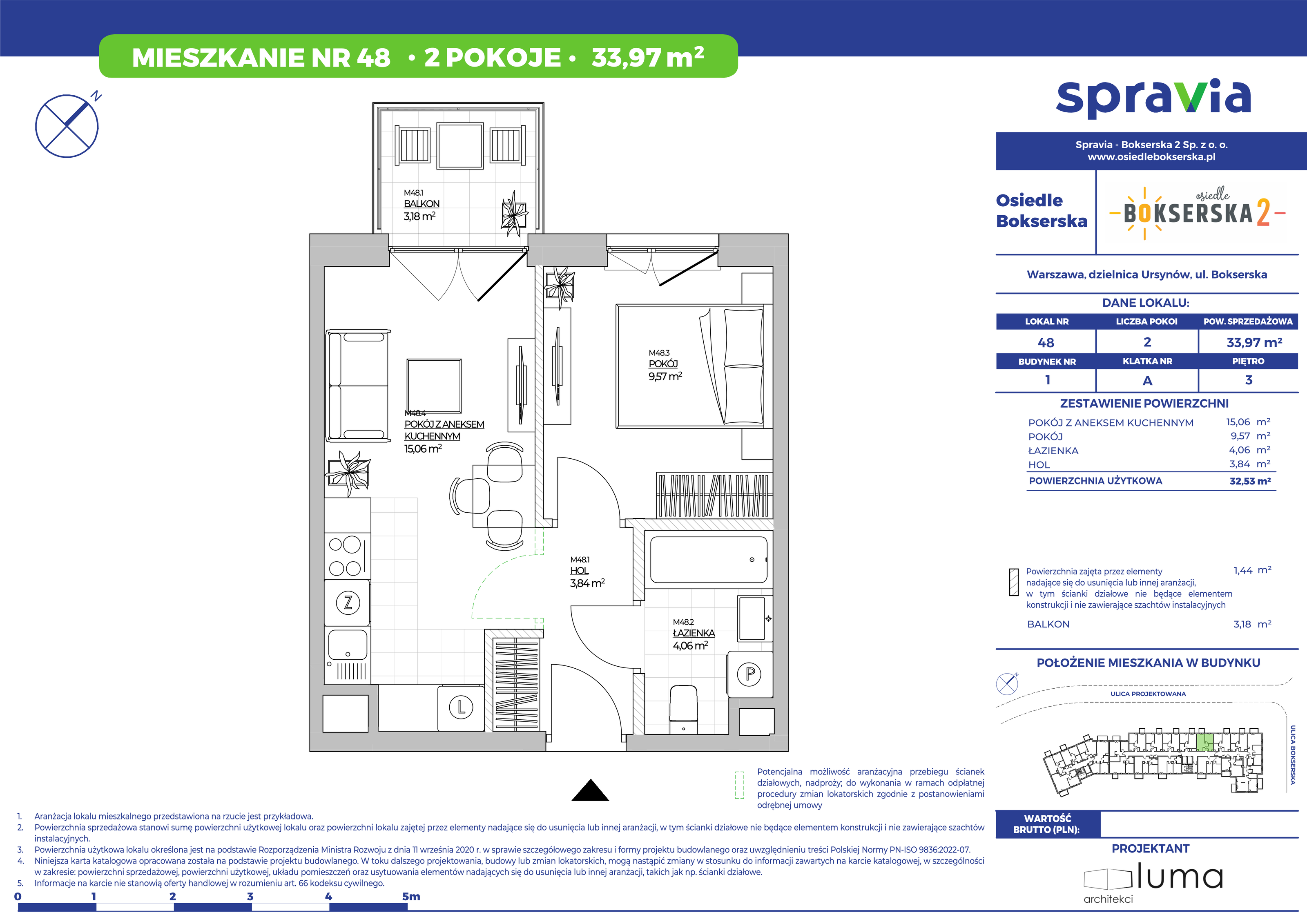 Mieszkanie 33,97 m², piętro 3, oferta nr 48, Osiedle Bokserska 2, Warszawa, Mokotów, Służewiec, ul. Bokserska 73A-idx