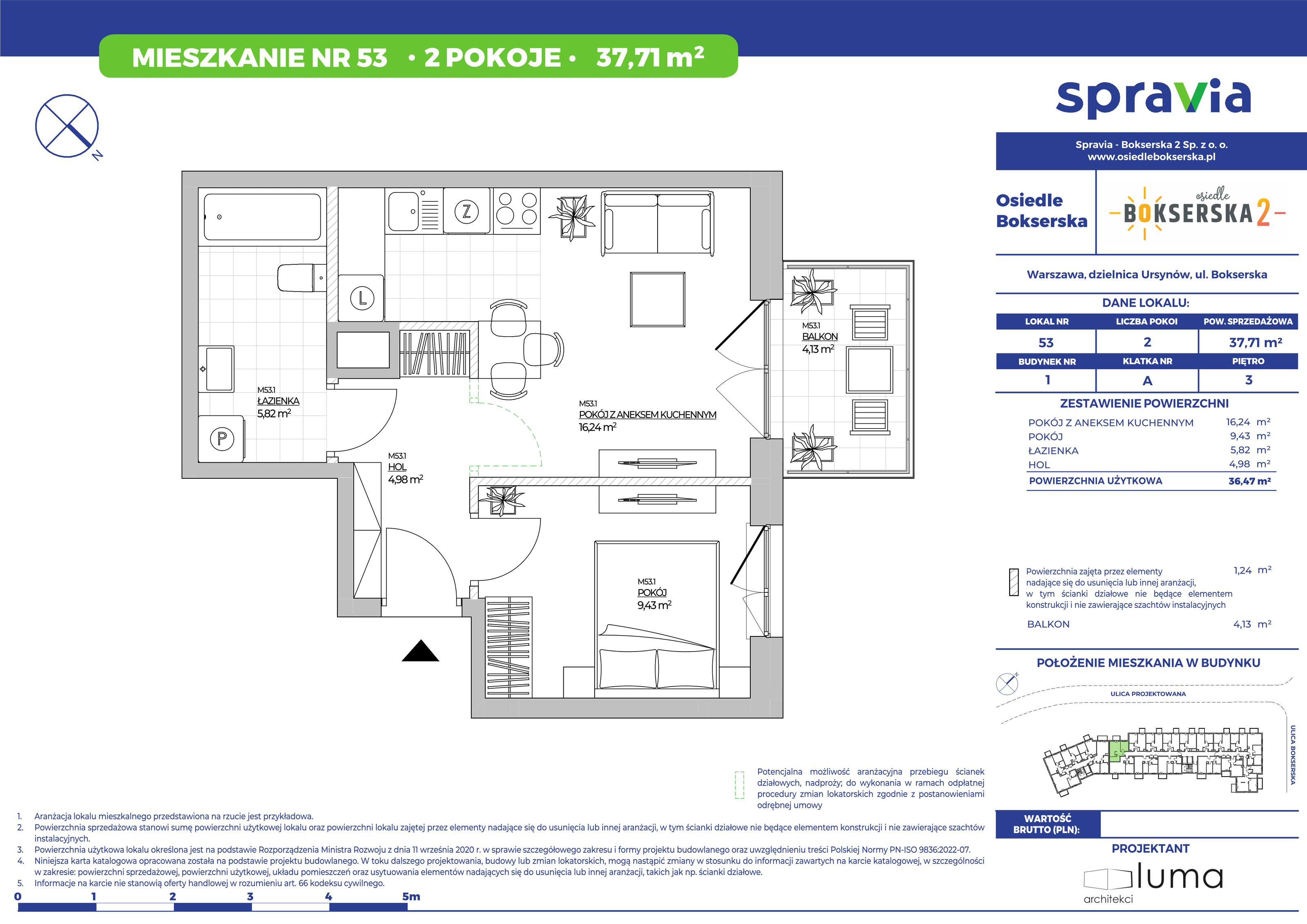 Mieszkanie 37,71 m², piętro 3, oferta nr 53, Osiedle Bokserska 2, Warszawa, Mokotów, Służewiec, ul. Bokserska 73A-idx