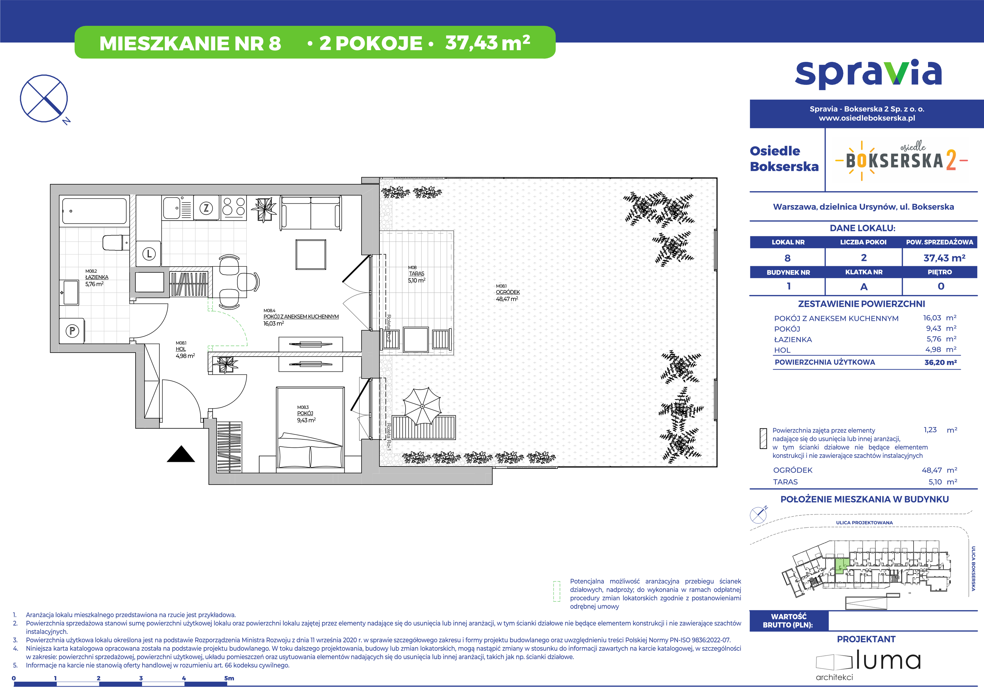 Mieszkanie 37,43 m², parter, oferta nr 8, Osiedle Bokserska 2, Warszawa, Mokotów, Służewiec, ul. Bokserska 73A-idx