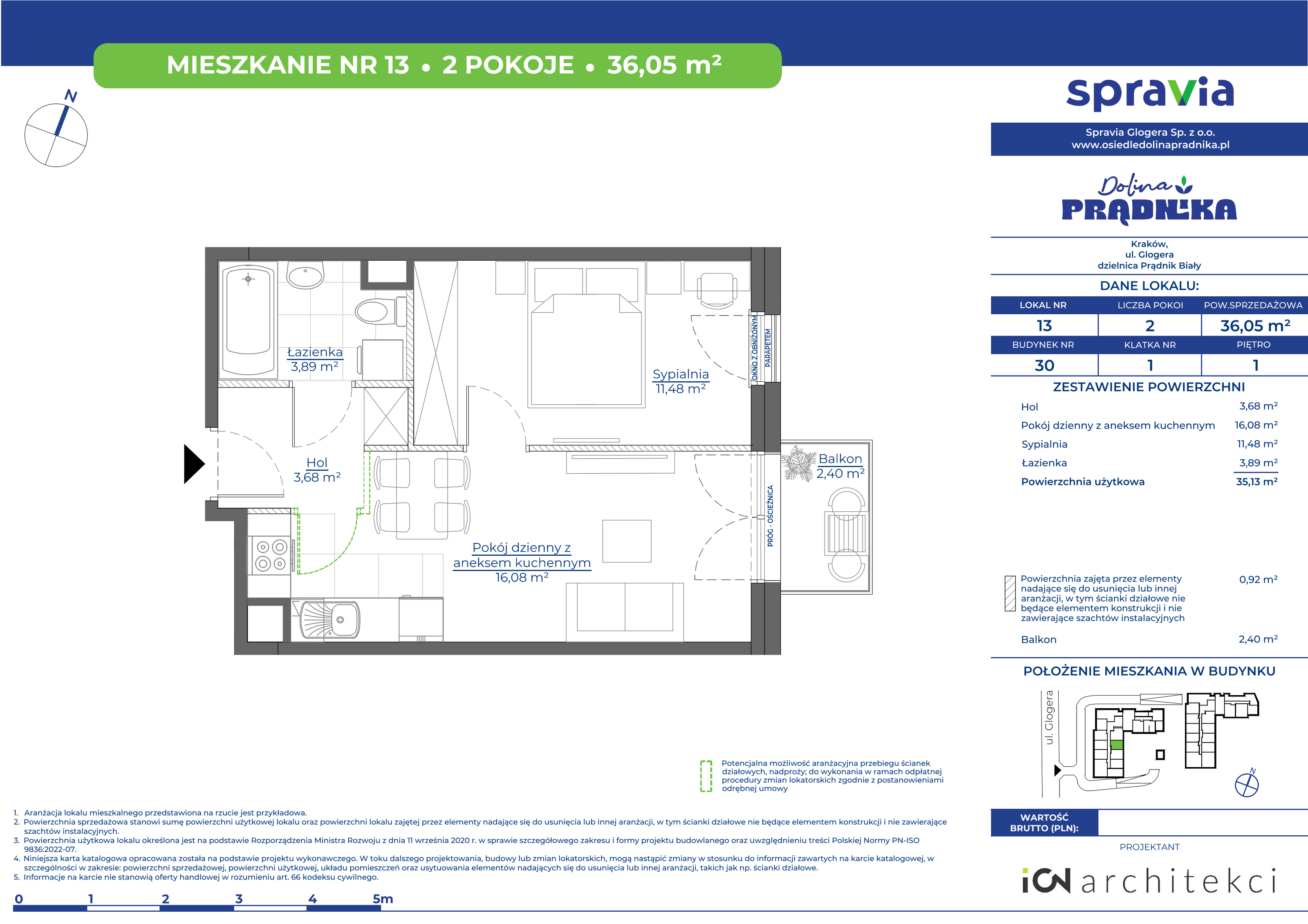 Mieszkanie 36,05 m², piętro 1, oferta nr 30-13, Osiedle Dolina Prądnika, Kraków, Prądnik Biały, ul. Glogera 30 i 30 A-idx