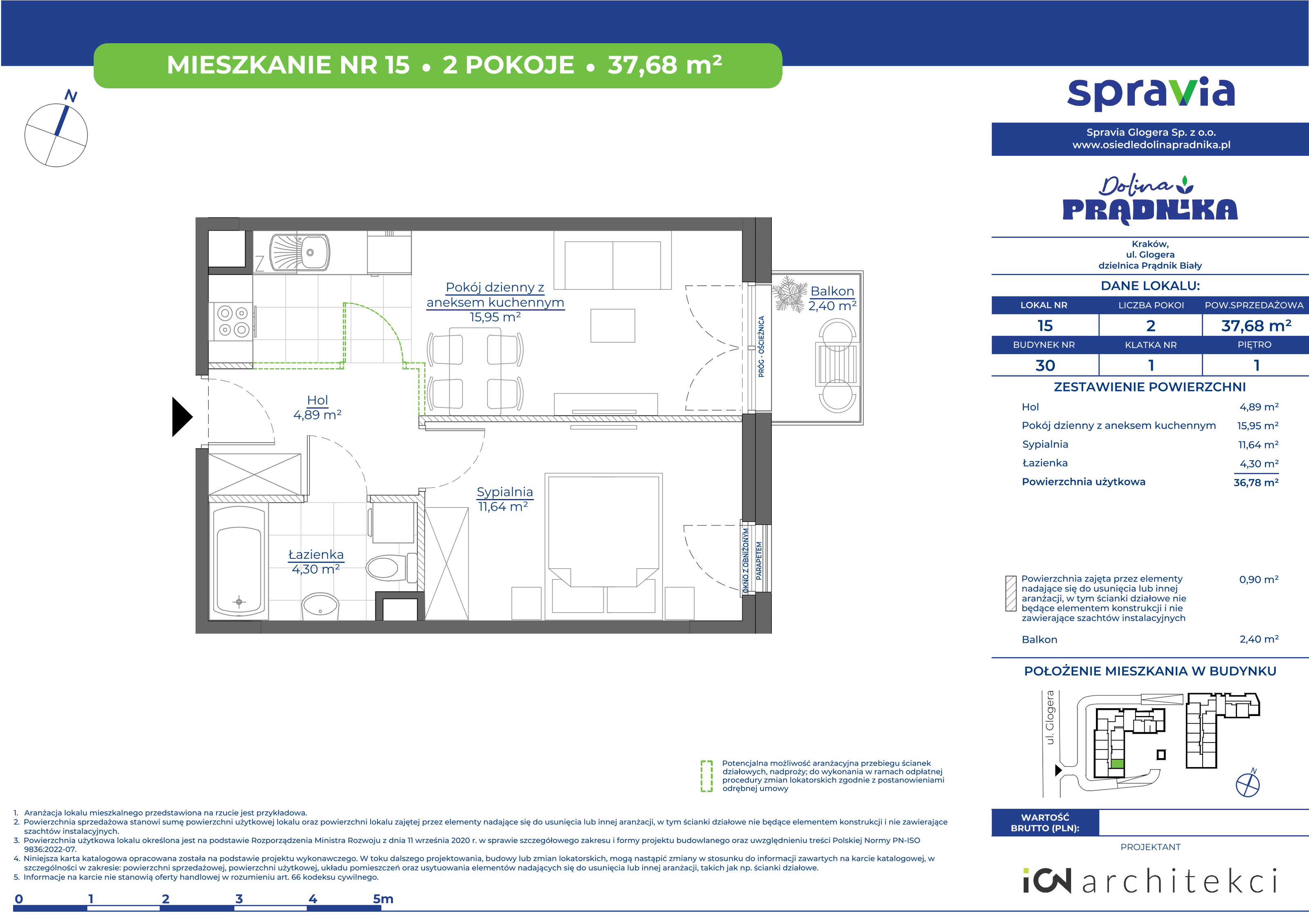 Mieszkanie 37,68 m², piętro 1, oferta nr 30-15, Osiedle Dolina Prądnika, Kraków, Prądnik Biały, ul. Glogera 30 i 30 A-idx