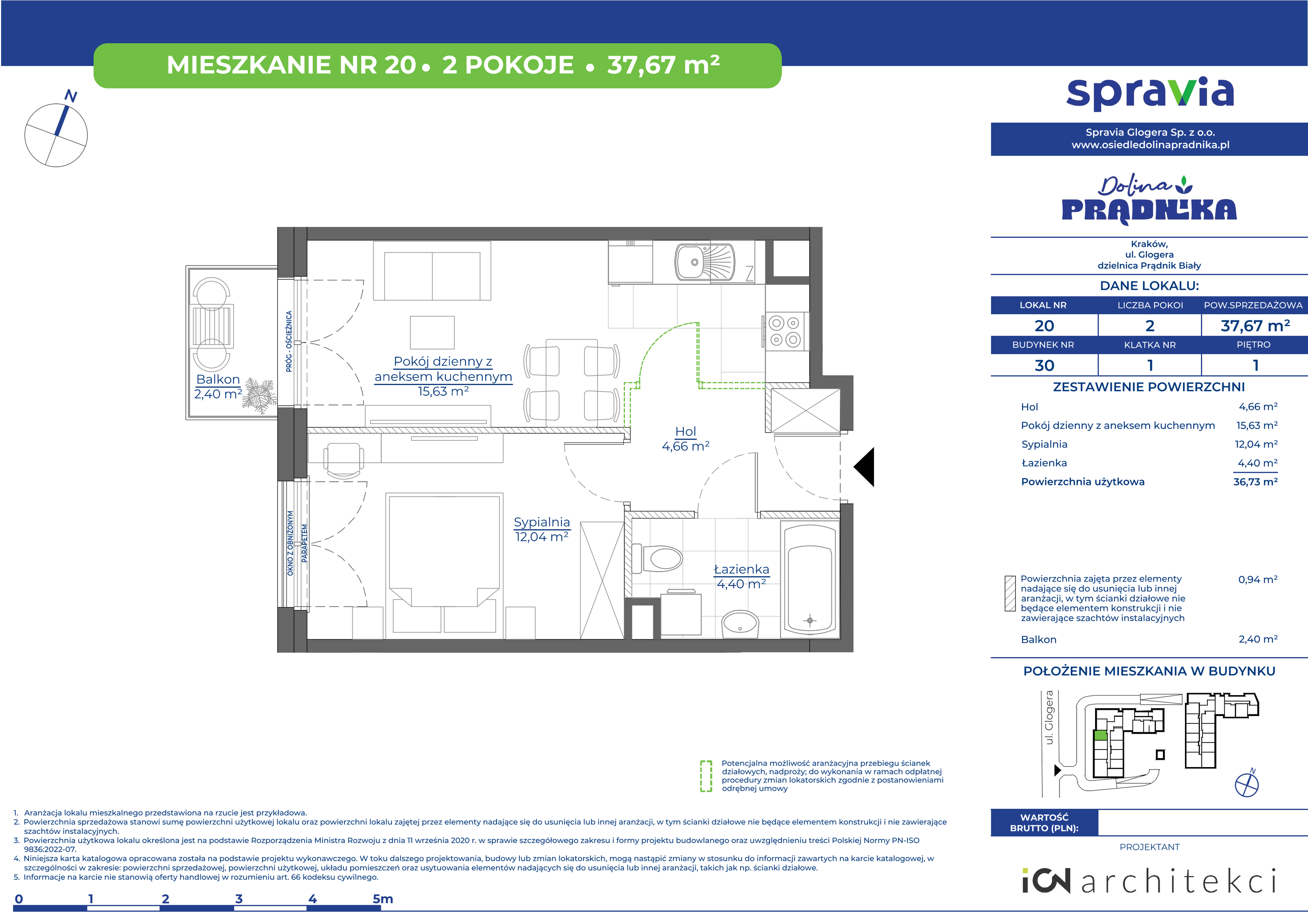 Mieszkanie 37,67 m², piętro 1, oferta nr 30-20, Osiedle Dolina Prądnika, Kraków, Prądnik Biały, ul. Glogera 30 i 30 A-idx