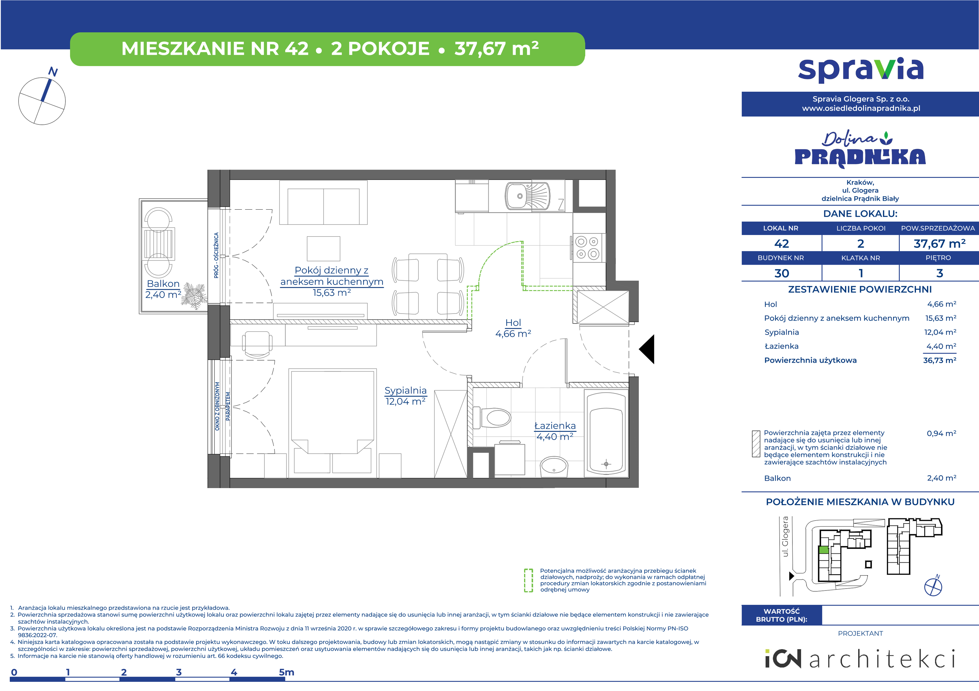 Mieszkanie 37,67 m², piętro 3, oferta nr 30-42, Osiedle Dolina Prądnika, Kraków, Prądnik Biały, ul. Glogera 30 i 30 A-idx