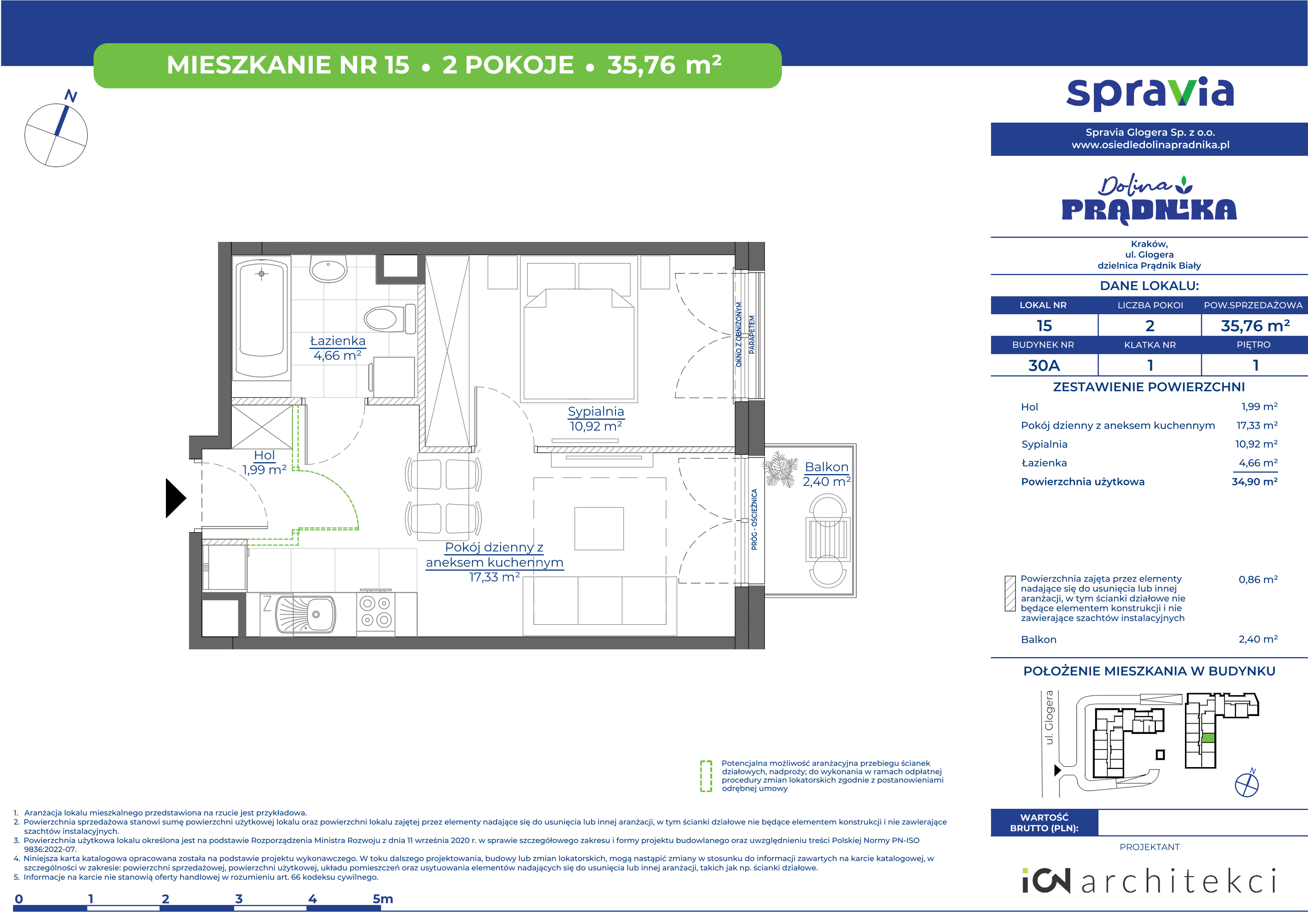 Mieszkanie 35,76 m², piętro 1, oferta nr 30A-15, Osiedle Dolina Prądnika, Kraków, Prądnik Biały, ul. Glogera 30 i 30 A-idx