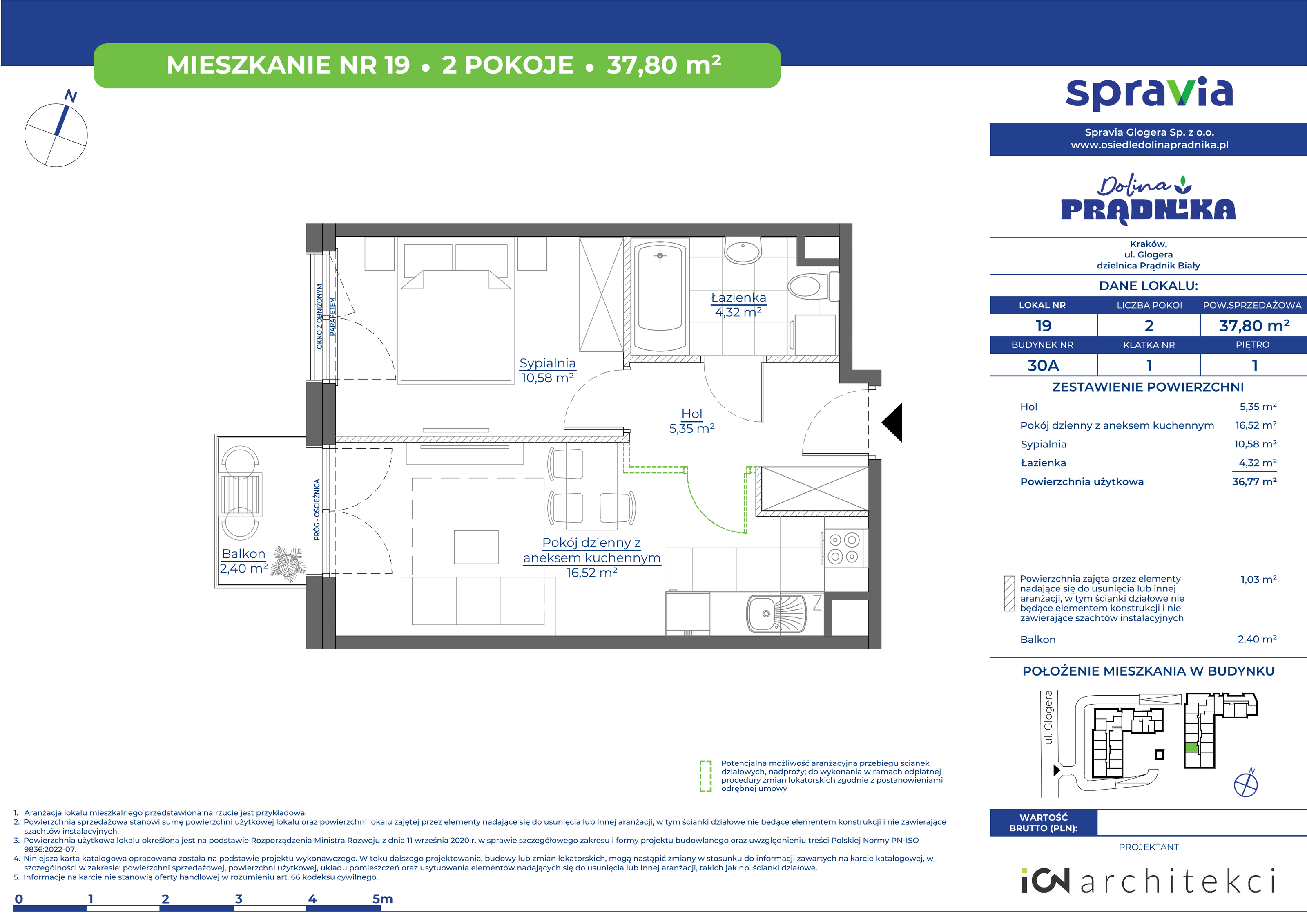 Mieszkanie 37,80 m², piętro 1, oferta nr 30A-19, Osiedle Dolina Prądnika, Kraków, Prądnik Biały, ul. Glogera 30 i 30 A-idx