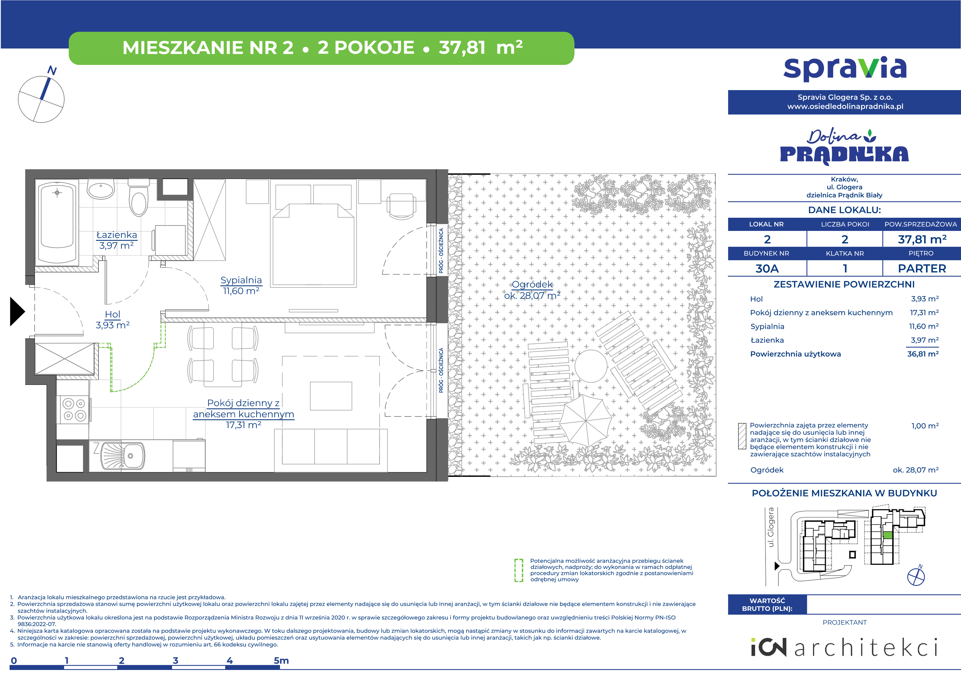 Mieszkanie 37,81 m², parter, oferta nr 30A-02, Osiedle Dolina Prądnika, Kraków, Prądnik Biały, ul. Glogera 30 i 30 A-idx