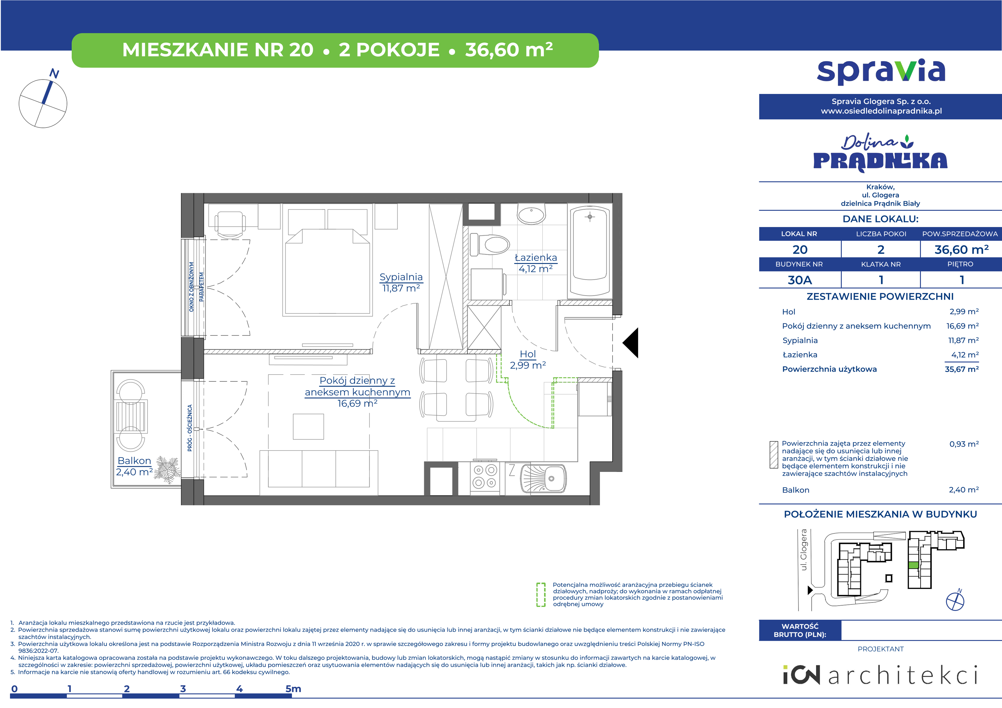 Mieszkanie 36,60 m², piętro 1, oferta nr 30A-20, Osiedle Dolina Prądnika, Kraków, Prądnik Biały, ul. Glogera 30 i 30 A-idx