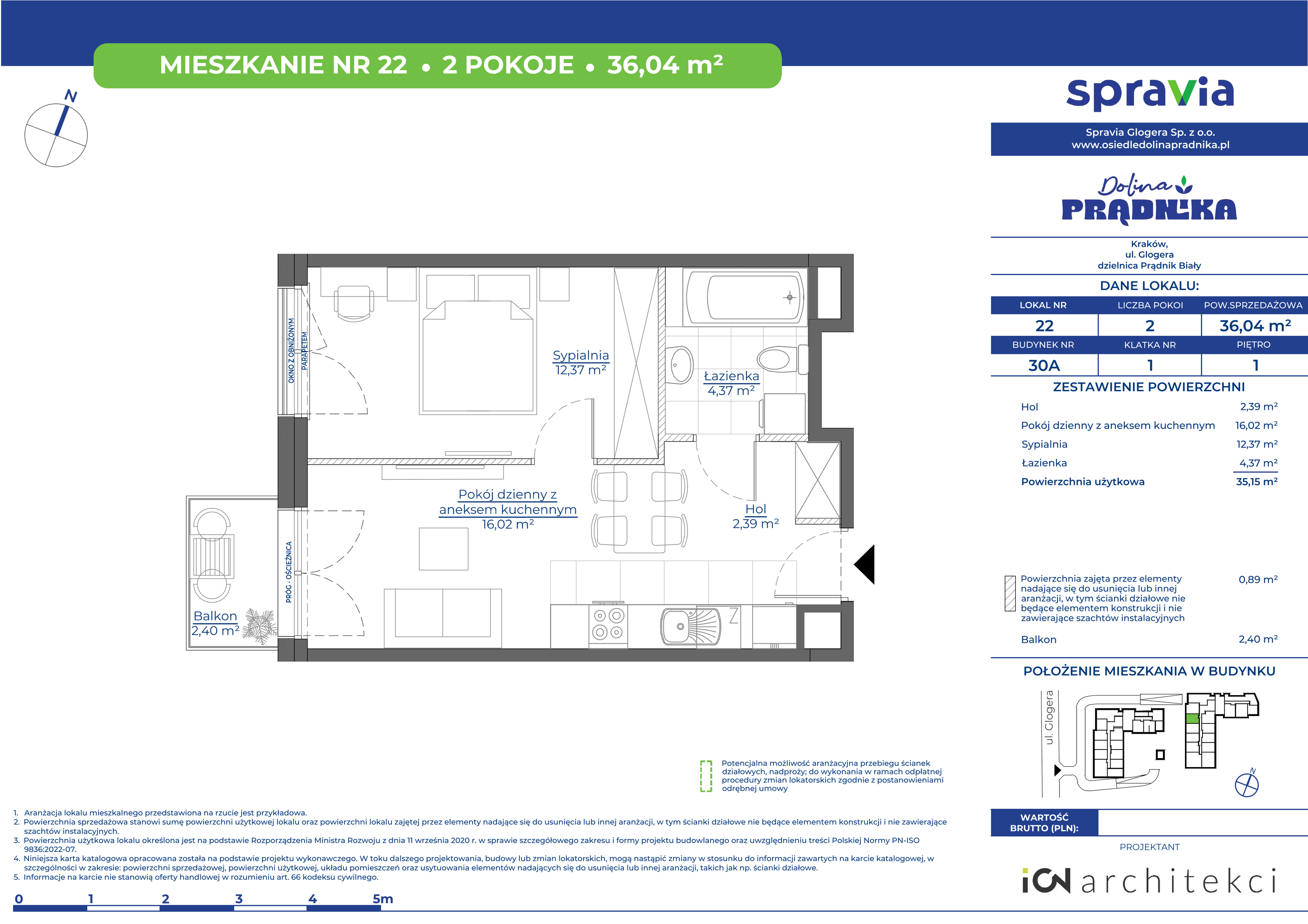 Mieszkanie 36,04 m², piętro 1, oferta nr 30A-22, Osiedle Dolina Prądnika, Kraków, Prądnik Biały, ul. Glogera 30 i 30 A-idx