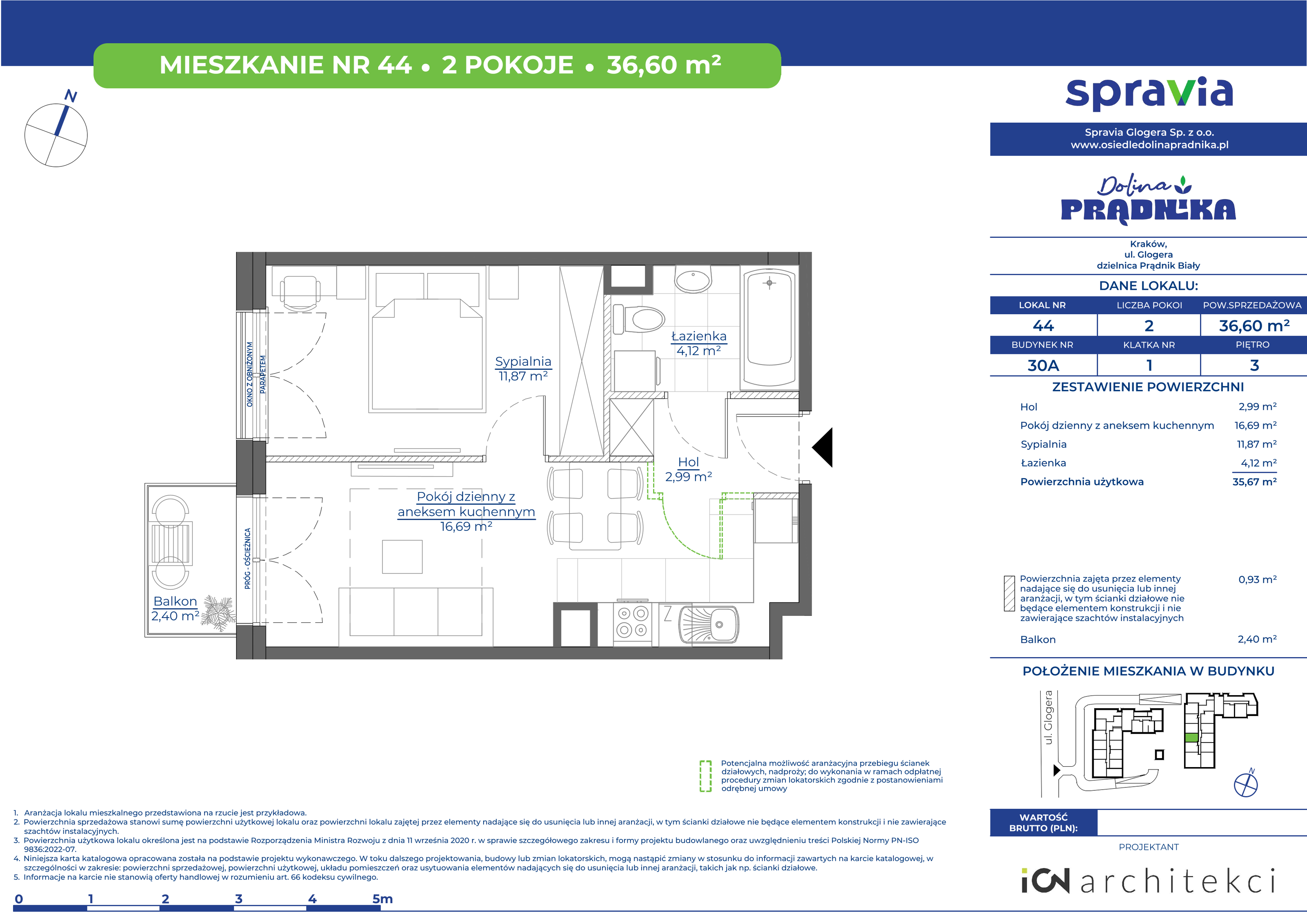 Mieszkanie 36,60 m², piętro 3, oferta nr 30A-44, Osiedle Dolina Prądnika, Kraków, Prądnik Biały, ul. Glogera 30 i 30 A-idx